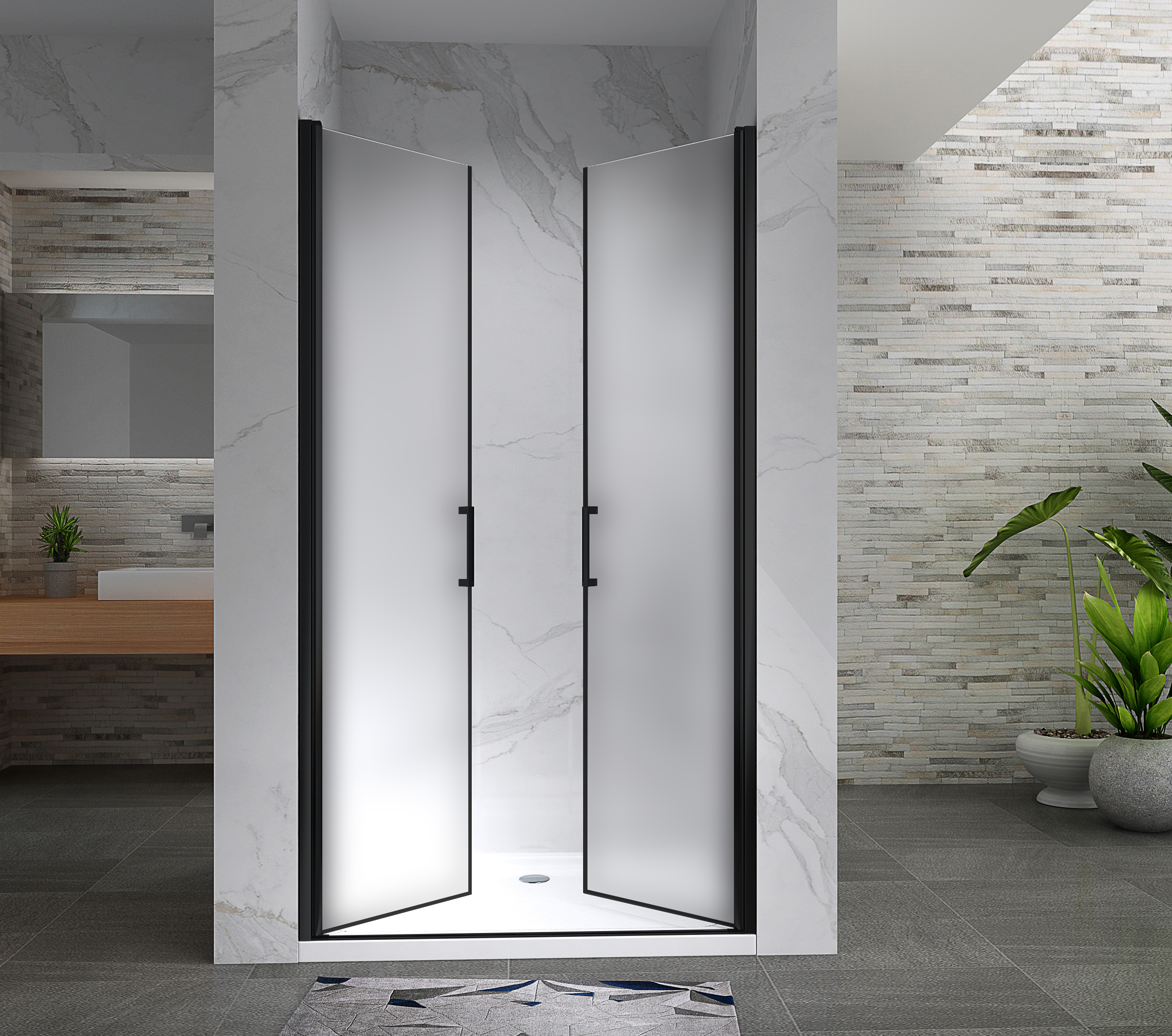 Duschtür Lara BLACK mit Pendeltüren und Edelstahlgriffe 68-140 cm aus satiniertem ESG Sicherheitsglas