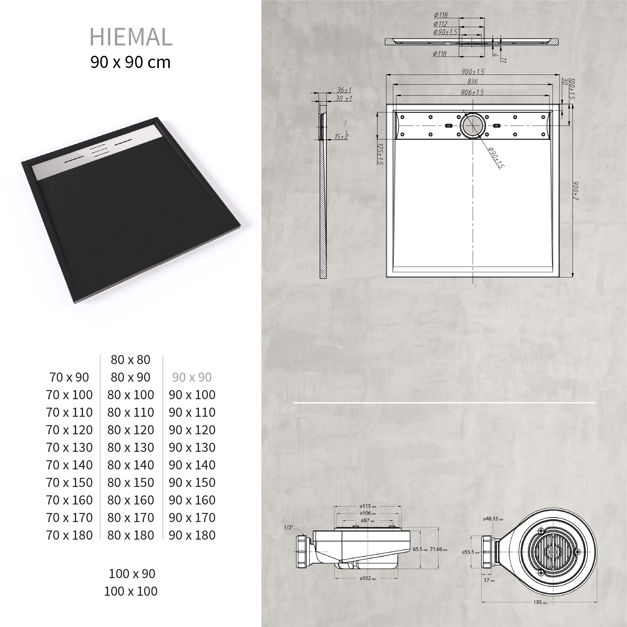SMC Duschwanne Hiemal in Schieferoptik inkl. Ablaufgarnitur Schwarz mit Edelstahldeckel 90x90 cm SMC Duschwanne Hiemal in Schieferoptik inkl. Ablaufgarnitur Schwarz mit Edelstahldeckel 90x90 cm