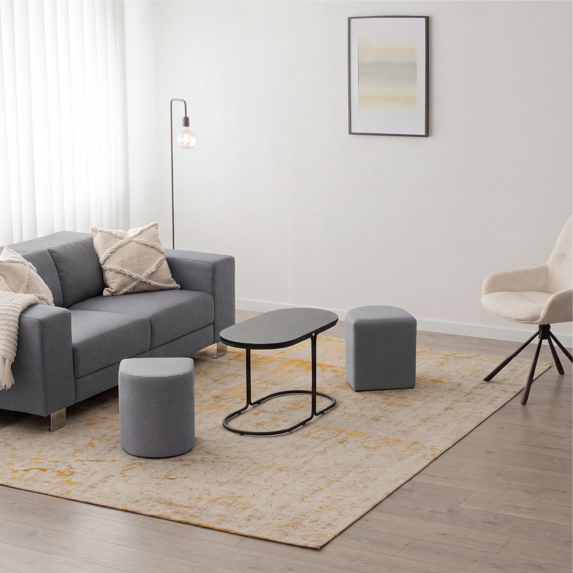 Couchtisch DUNCAN mit 2 Sitzmodulen | Tischplatte in schwarzer Holzoptik und Metallgestell