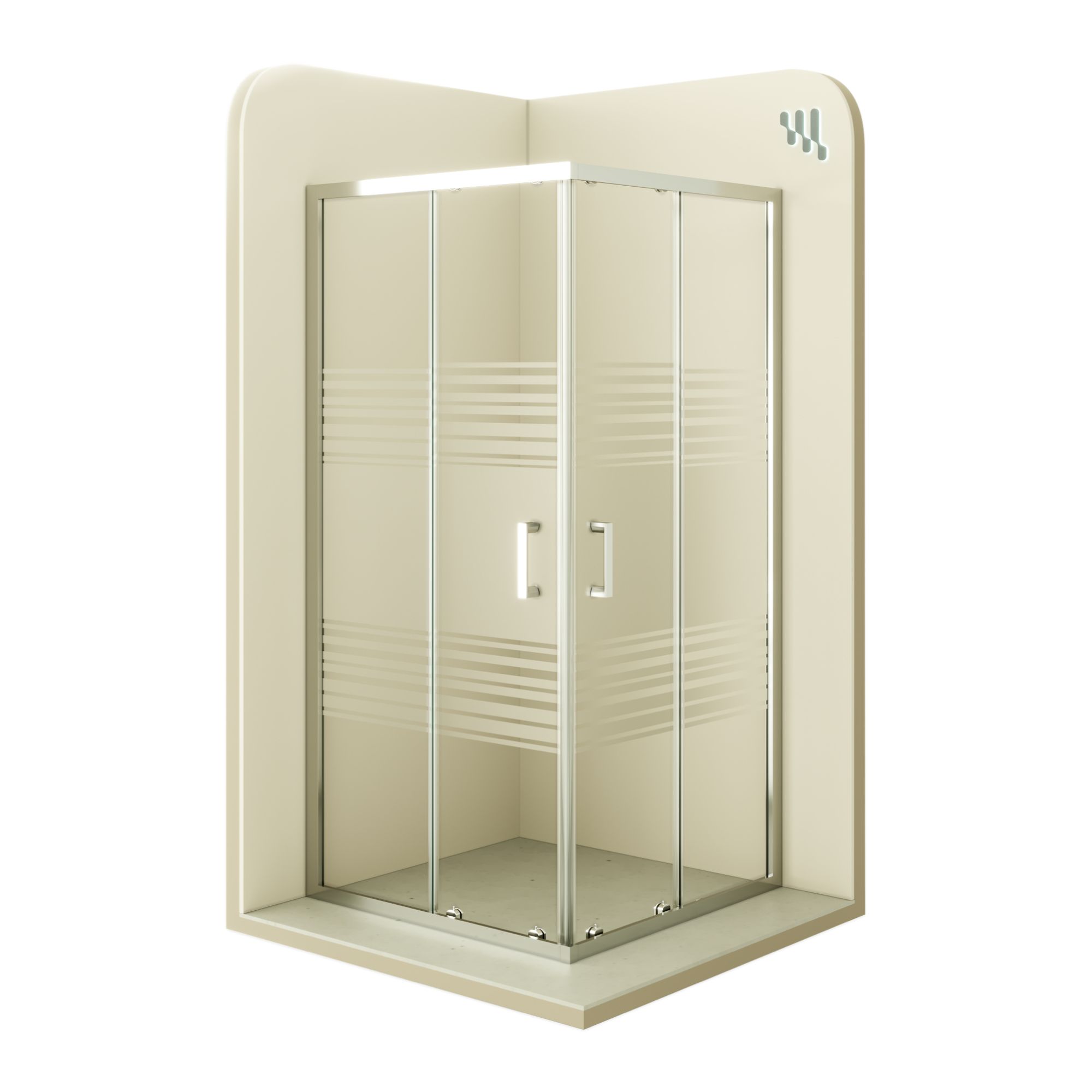 Eckeinstieg Diana mit Schiebetüren aus teilsatiniertem ESG Sicherheitsglas Diana – Corner Entry with Sliding Doors made of Partially Frosted ESG Safety Glass
