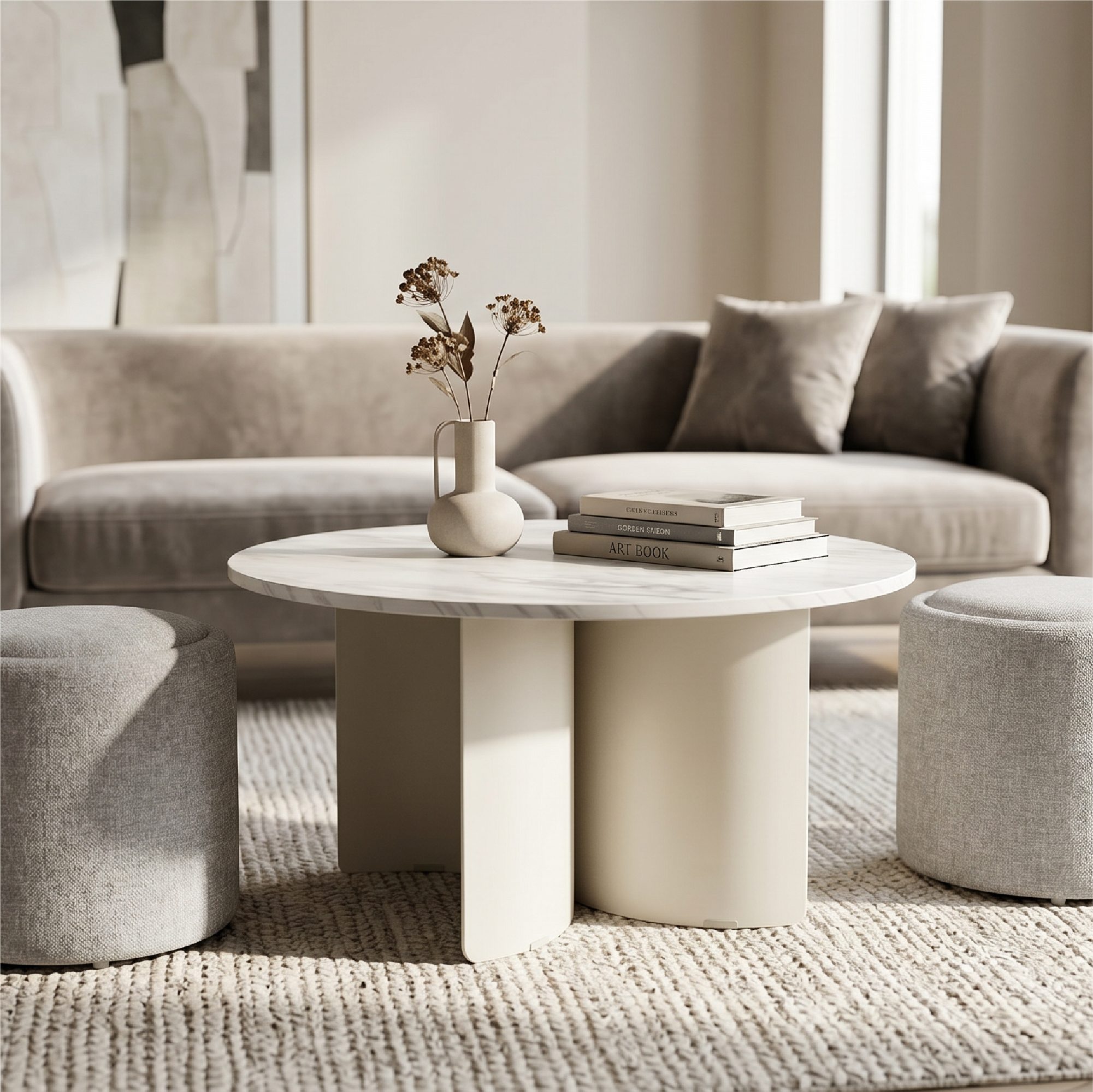 Meera – Couchtisch in Marmoroptik mit 2 Hockern in Grau