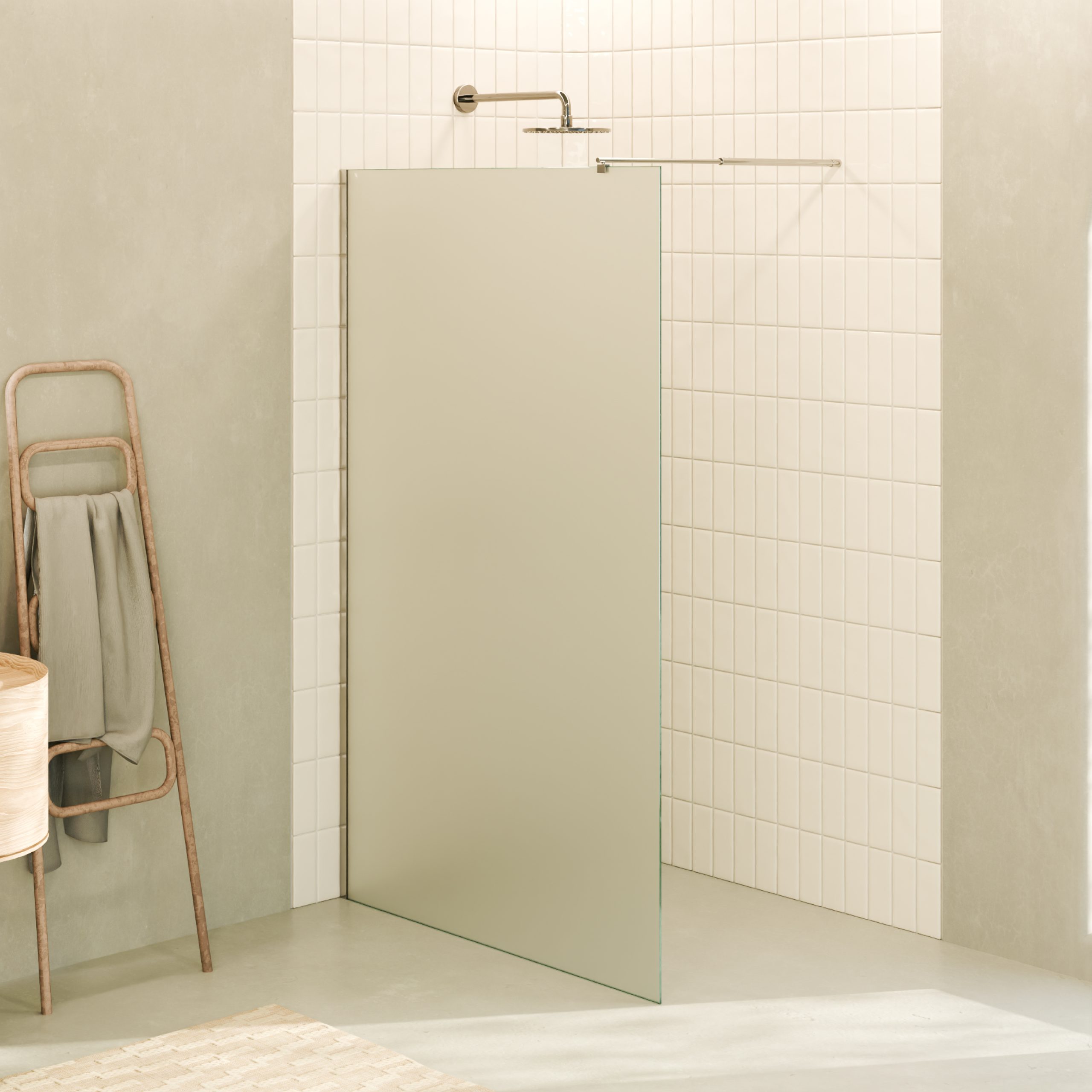 Walk-In Shower Fiona made of 10 mm thick frosted ESG safety glass and stainless steel profile. Fiona – Walk-In Shower made of 10 mm thick frosted ESG safety glass and stainless steel profile.