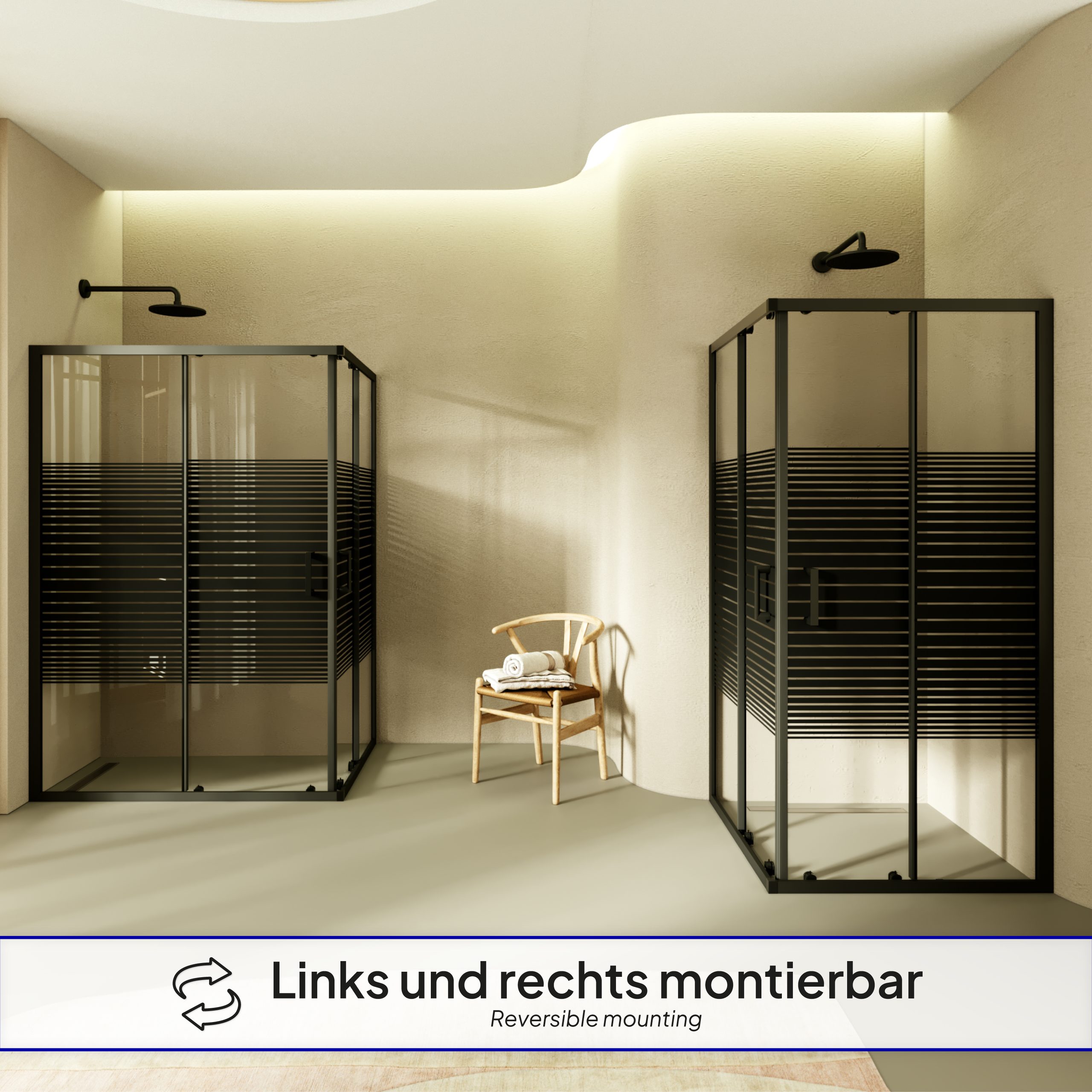 Corner entry Danielle with sliding doors made of black striped ESG safety glass.