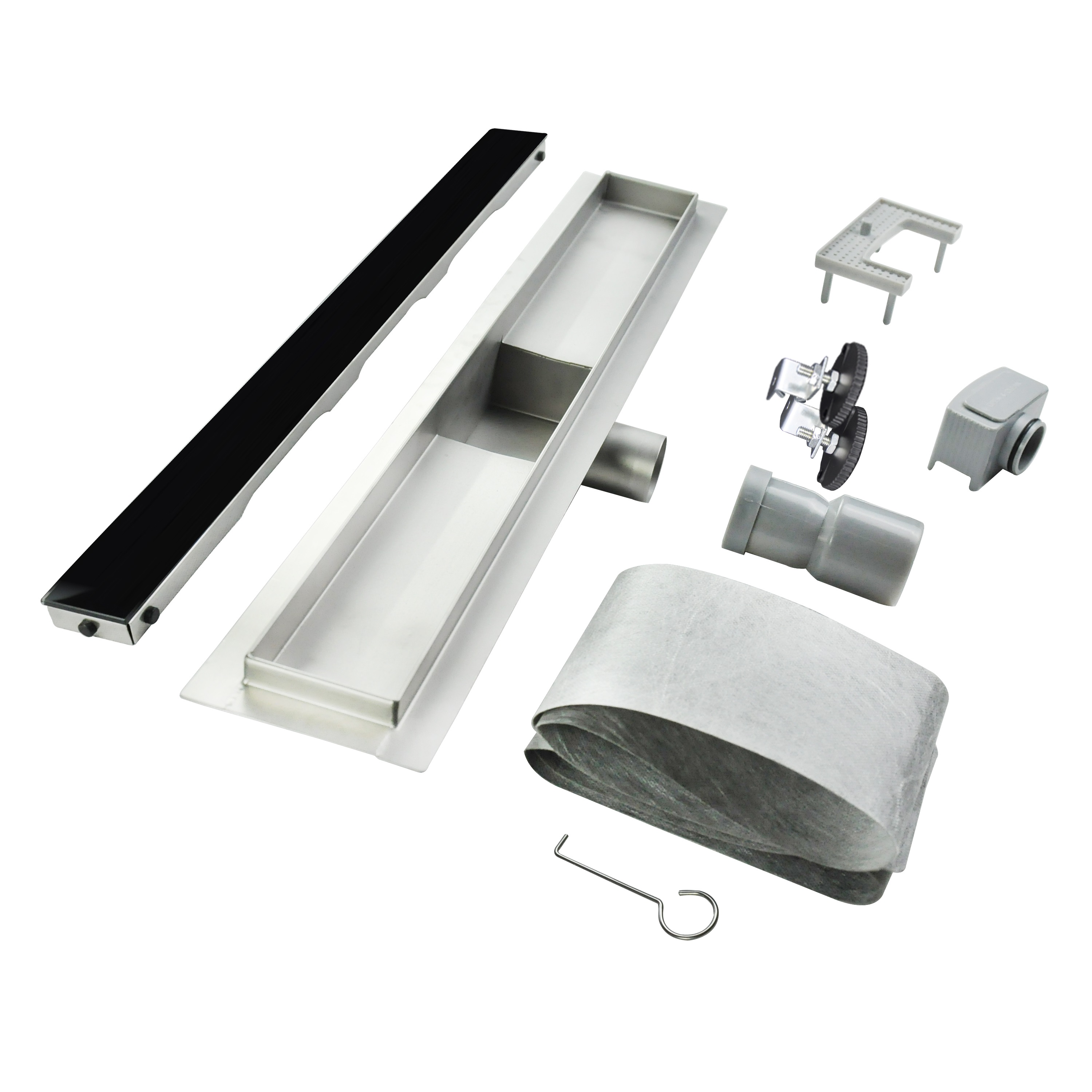 Duschrinne R3 aus Edelstahl für flache Installation inkl. Ablaufblende aus schwarzem Glas