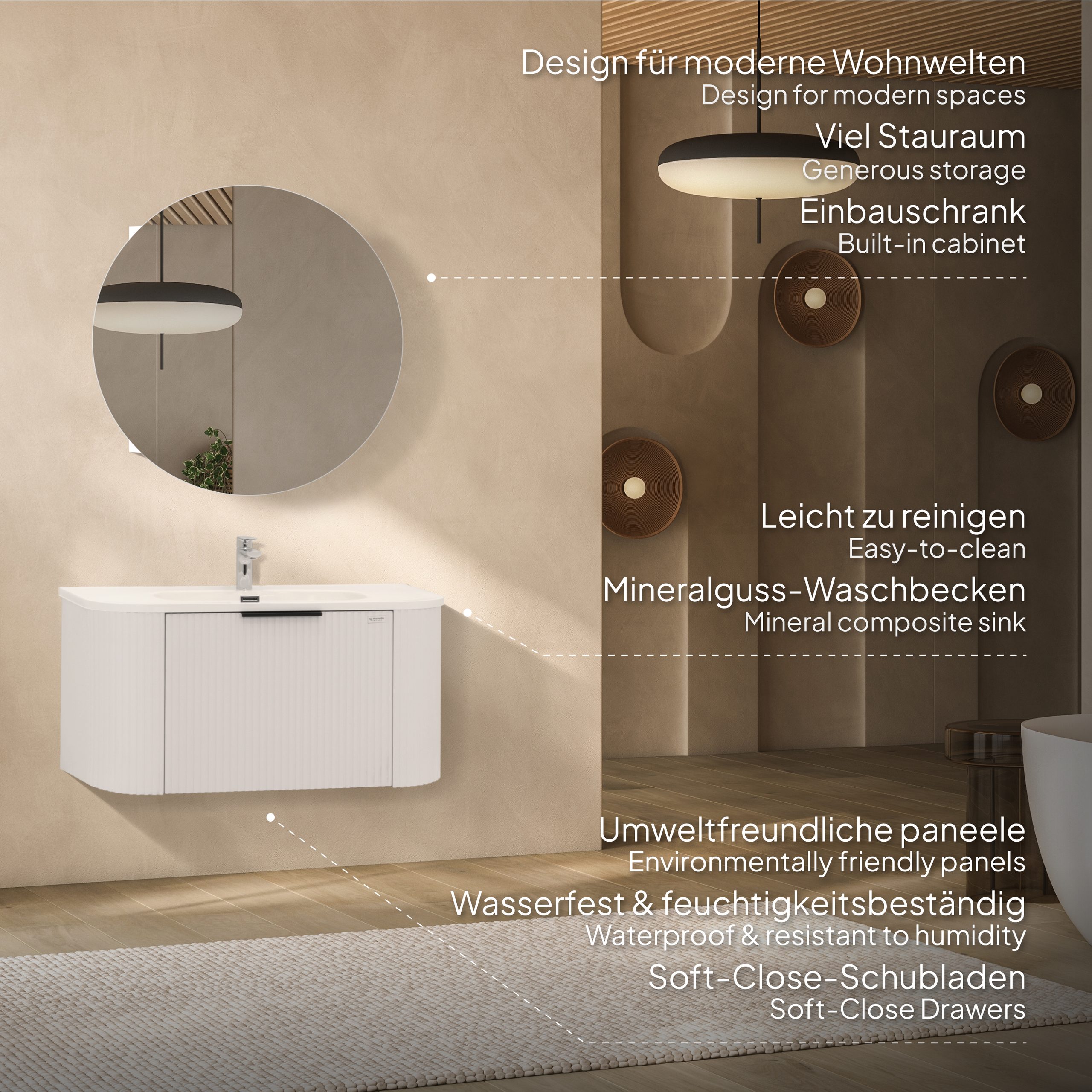 Badmöbel-Set Maia Plus White, wandhängend, mit lamellenförmigem Dekor, Mineralguss-Waschtisch und LED-Spiegel mit Antibeschlag