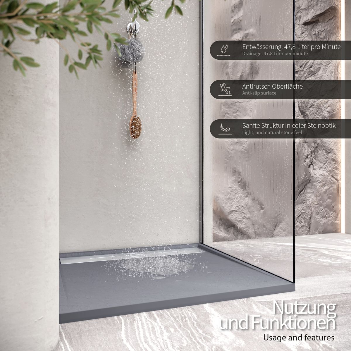 SMC Duschwanne Hiemal in Schieferoptik inkl. Ablaufgarnitur Grau mit Edelstahldeckel 90x90 cm