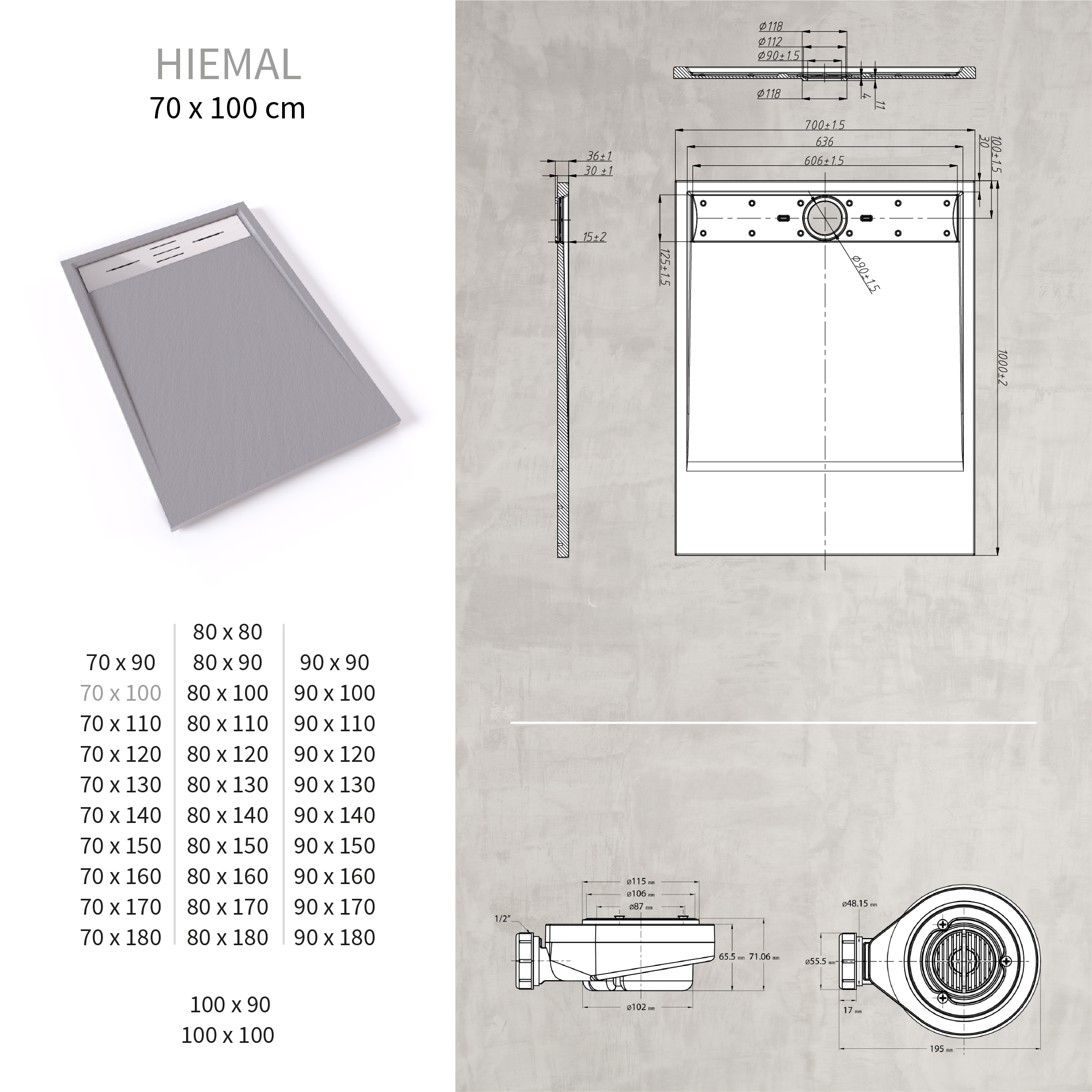 SMC Duschwanne Hiemal in Schieferoptik inkl. Ablaufgarnitur Grau mit Edelstahldeckel 70x100 cm SMC Duschwanne Hiemal in Schieferoptik inkl. Ablaufgarnitur Grau mit Edelstahldeckel 70x100 cm