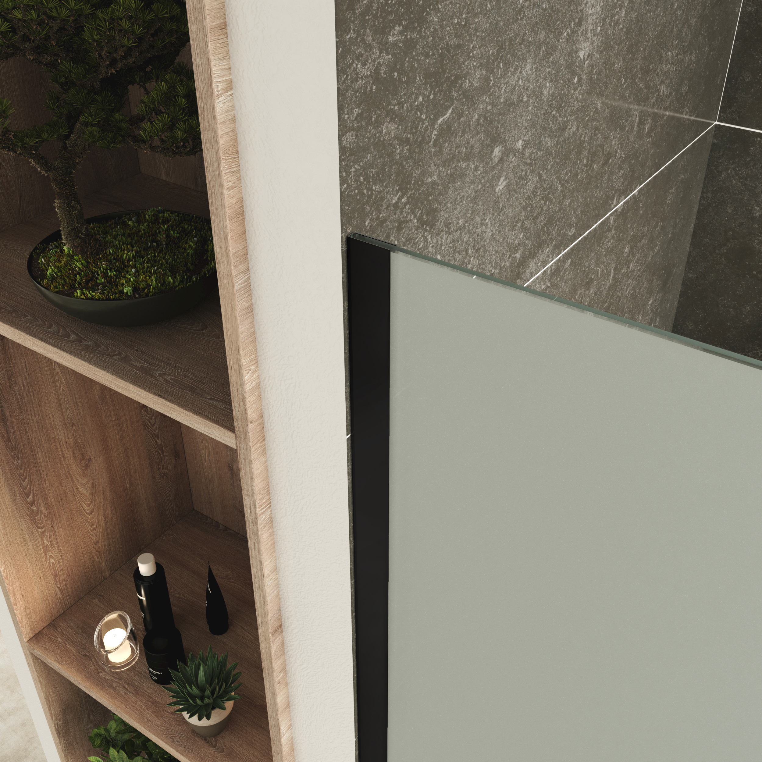 Walk In Dusche FIONA BLACK aus 10 mm starkem satiniertem ESG Sicherheitsglas Walk-In Shower Fiona made of 10 mm thick satin-finished ESG safety glass with a black aluminum profile.