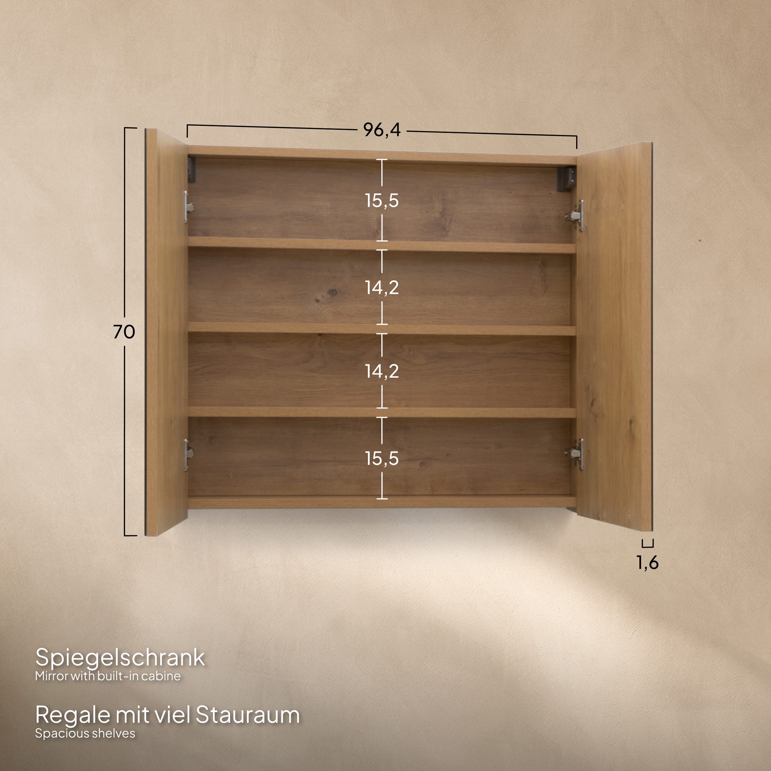 Badmöbel-Set Atena [60/80/100 cm] mit Mineralharz-Waschbecken in Hochglanz Schwarz, Unterschrank mit Spiegel und hängendem Hochschrank in Eiche