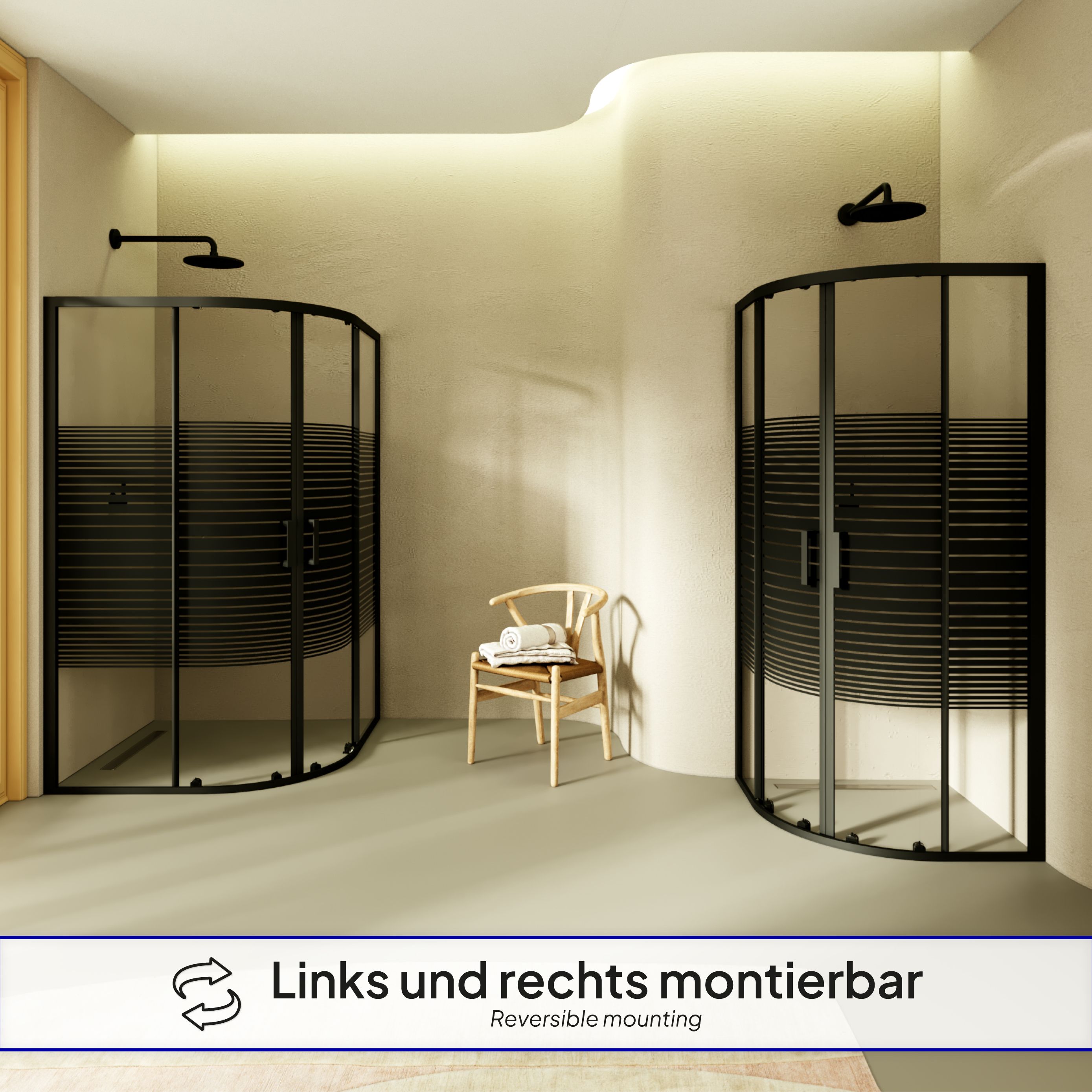 Quarter Circle Shower Ella with Sliding Doors made of Striped ESG Glass and Black Aluminum Profiles Ella – Viertelkreisdusche mit Schiebetüren aus gestreiftem ESG Glas mit schwarzen Aluminium Profile