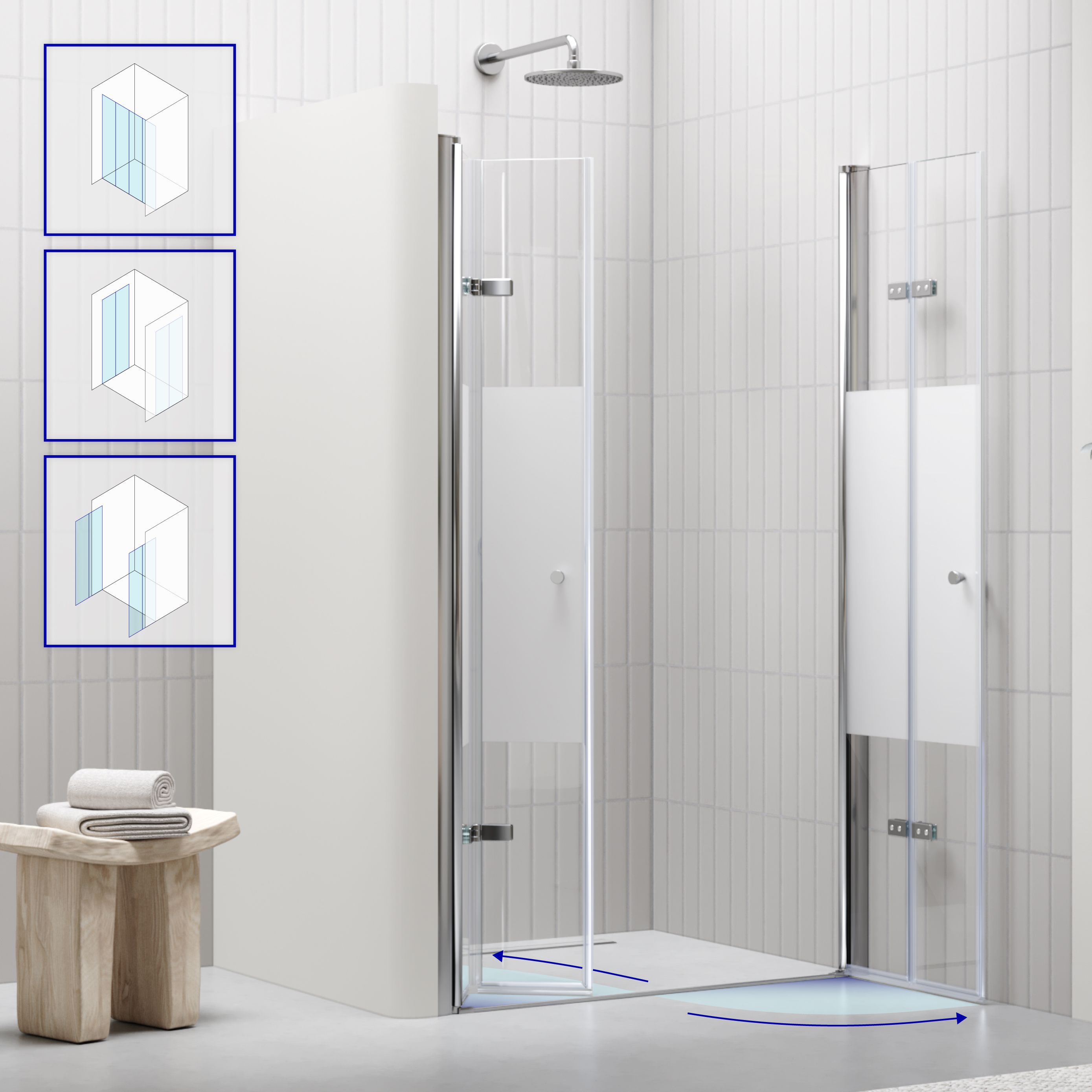 Shower Door Lena with Folding Panels made of Partially Frosted ESG Safety Glass Lena – Shower Door with Folding Panels made of Partially Frosted ESG Safety Glass