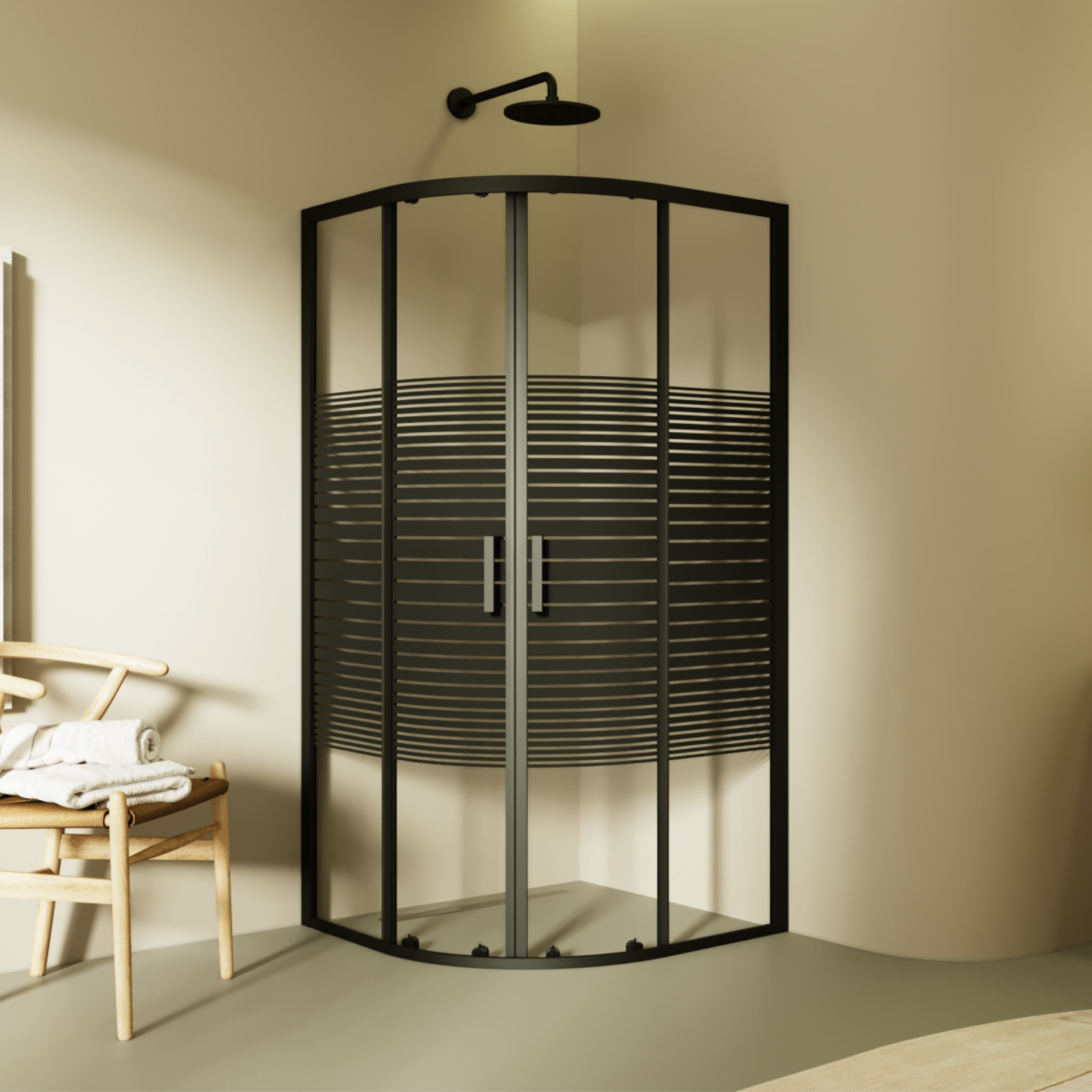 Quarter Circle Shower Ella with Sliding Doors made of Striped ESG Glass and Black Aluminum Profiles Ella – Viertelkreisdusche mit Schiebetüren aus gestreiftem ESG Glas mit schwarzen Aluminium Profile