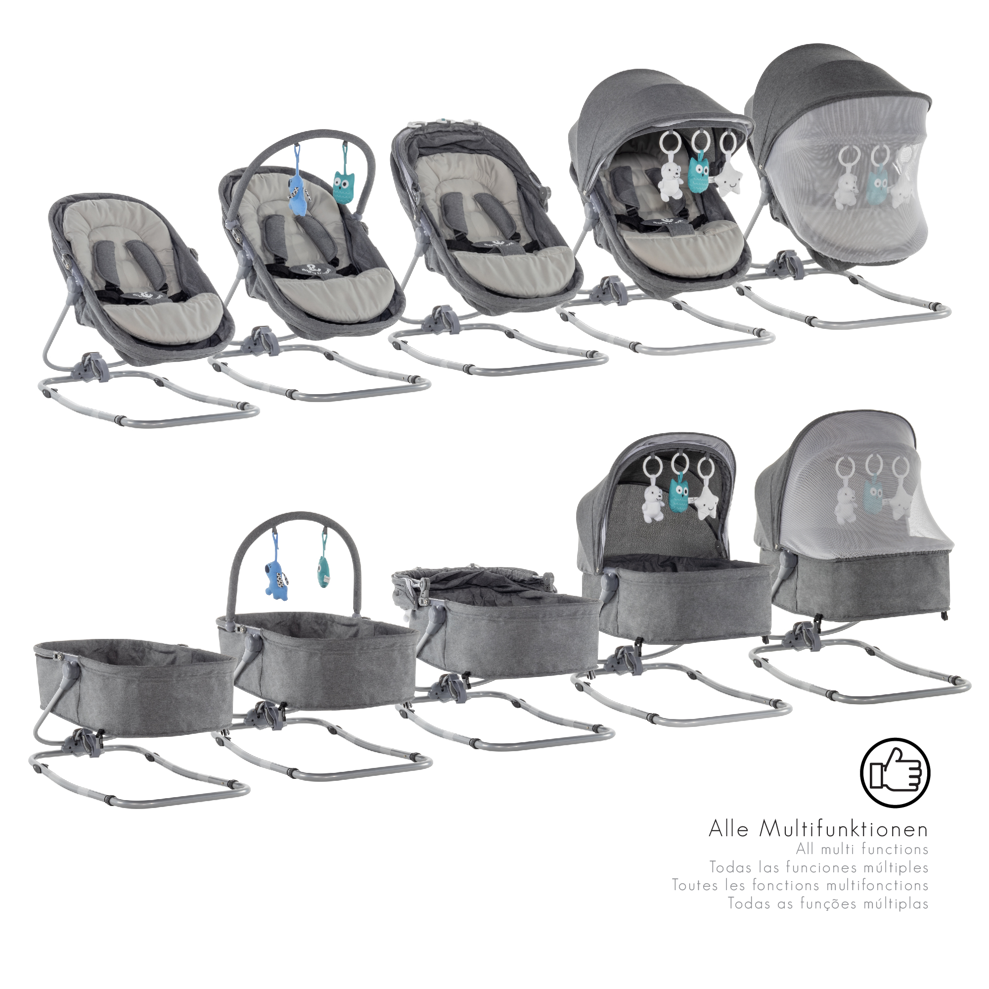 Babywippe PAVO mit Wiegenfunktion und Spielebogen Grau + Grau