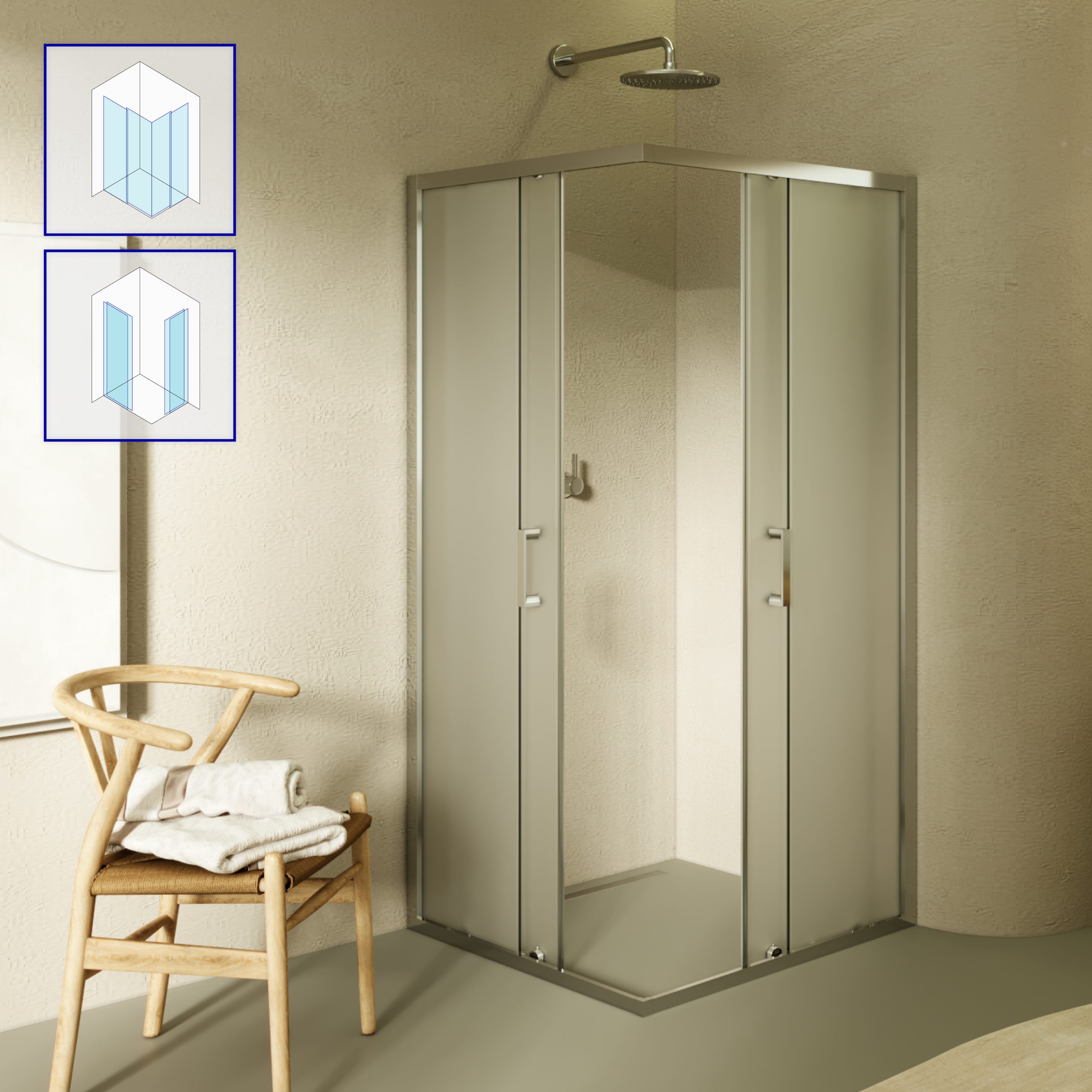 Corner Entry Diana with Sliding Doors made of Satin-Finished ESG Safety Glass