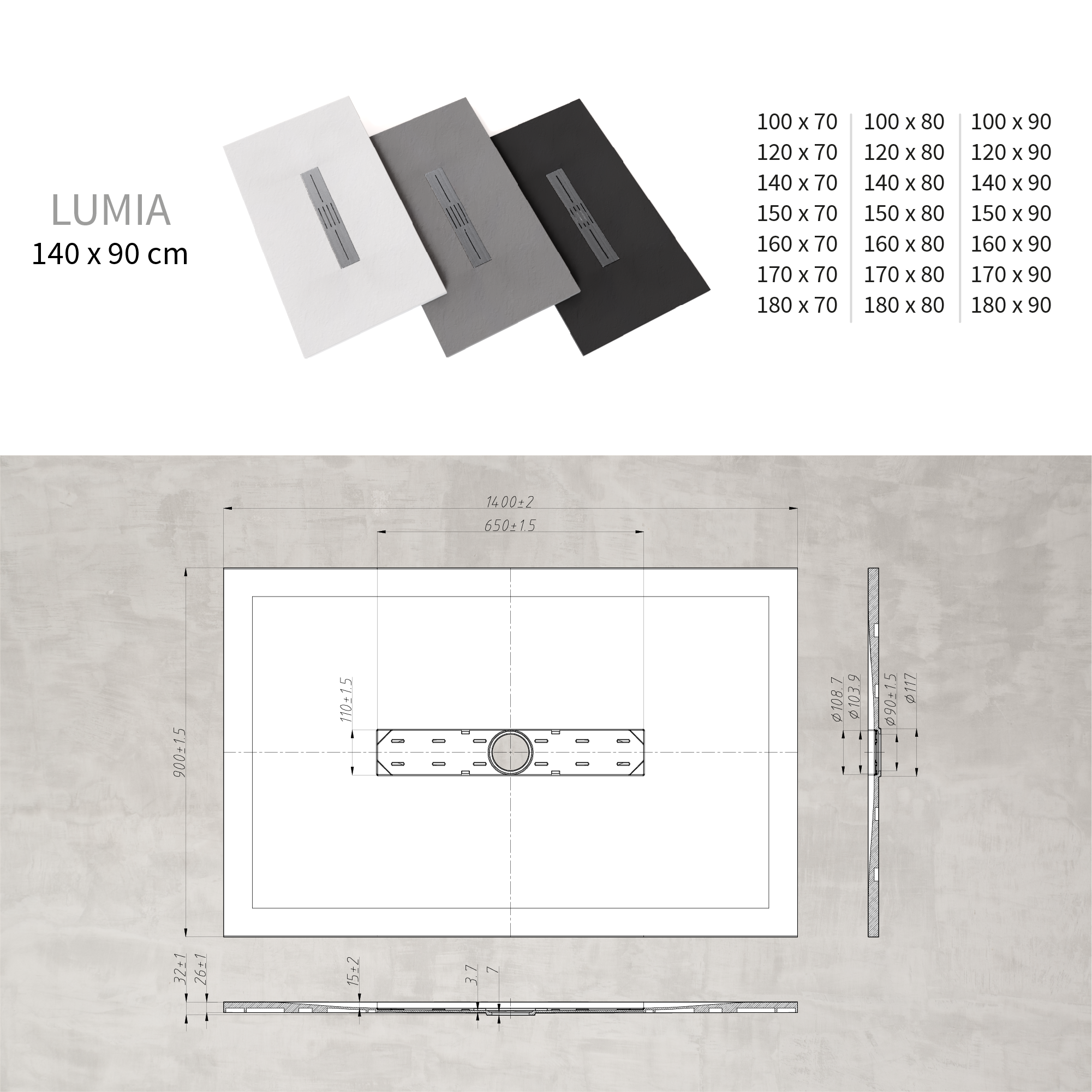 Lumia 140x90.png SMC Duschwanne Lumia in Schieferoptik inkl. Ablaufgarnitur Schwarz