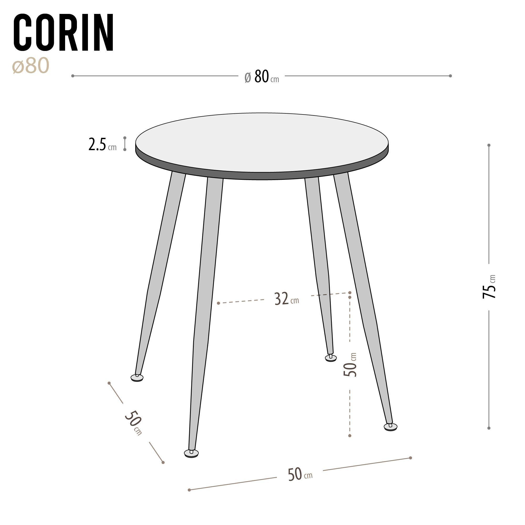 Esszimmer-Tisch CORIN | Tischplatte: Holz Farbe | Beine: Weiß Esszimmer-Tisch CORIN | Tischplatte: Holz Farbe | Beine: Schwarz 80 cm