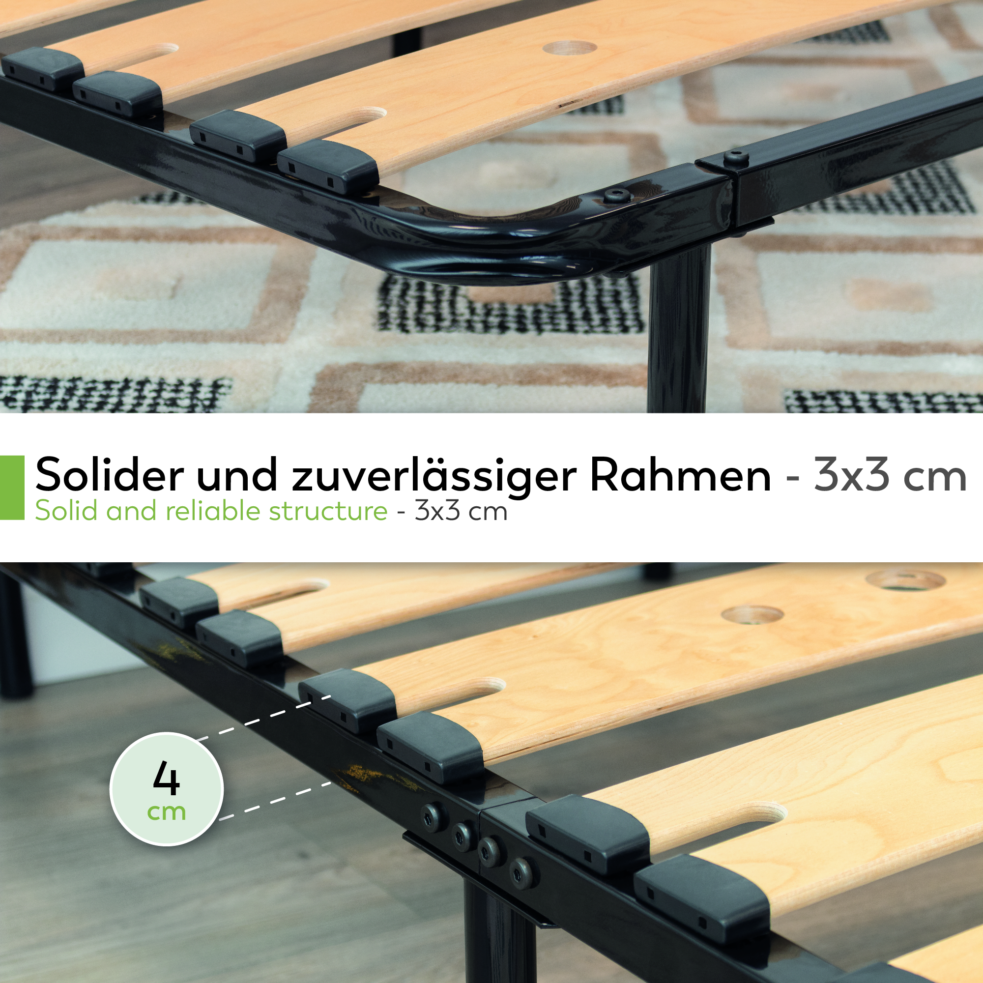 Metallbett AUSTEN BLACK mit Holzlamellen – Stabiler Metallrahmen in Schwarz, 23 cm Höhe & praktische Unterbett-Aufbewahrung 90x200