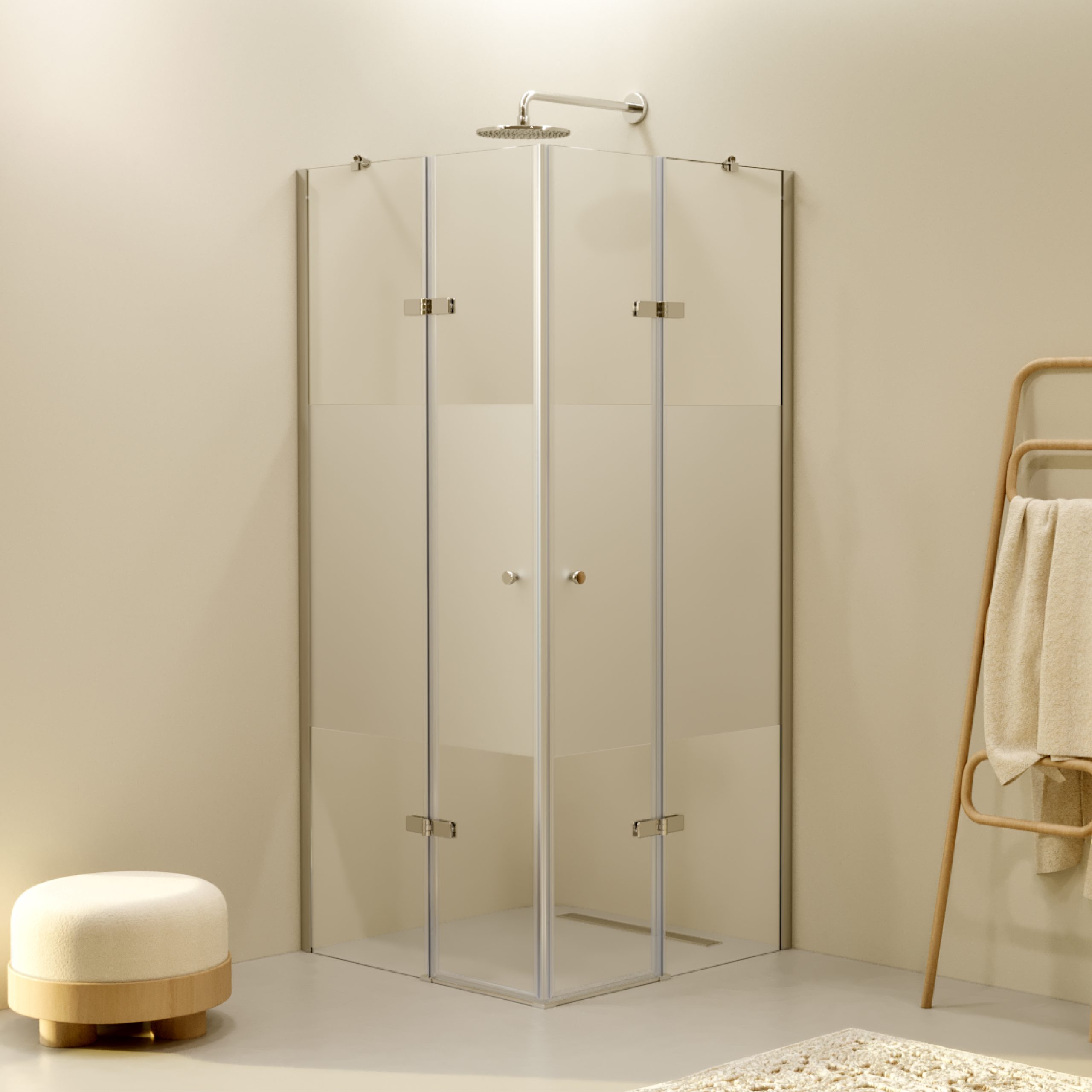 Corner Entry Alice with Folding Doors made of Partially Frosted ESG Safety Glass