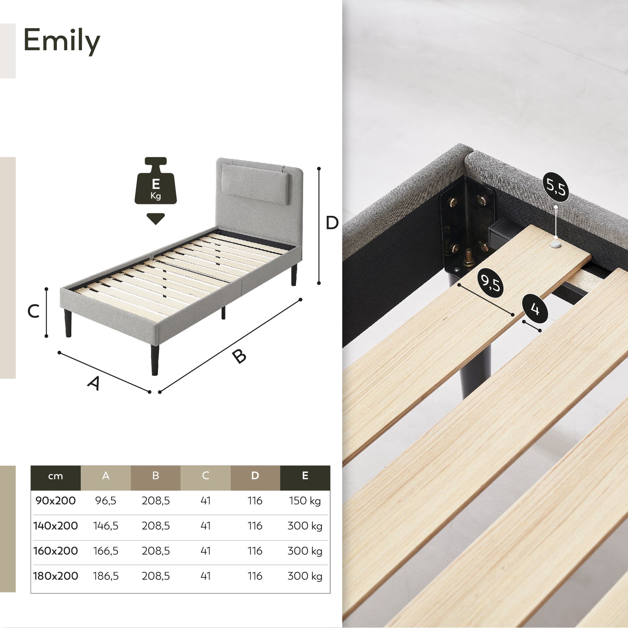 Design Polsterbettt Emily in Grau Design Polsterbettt Emily in Beige 90cm-200cm