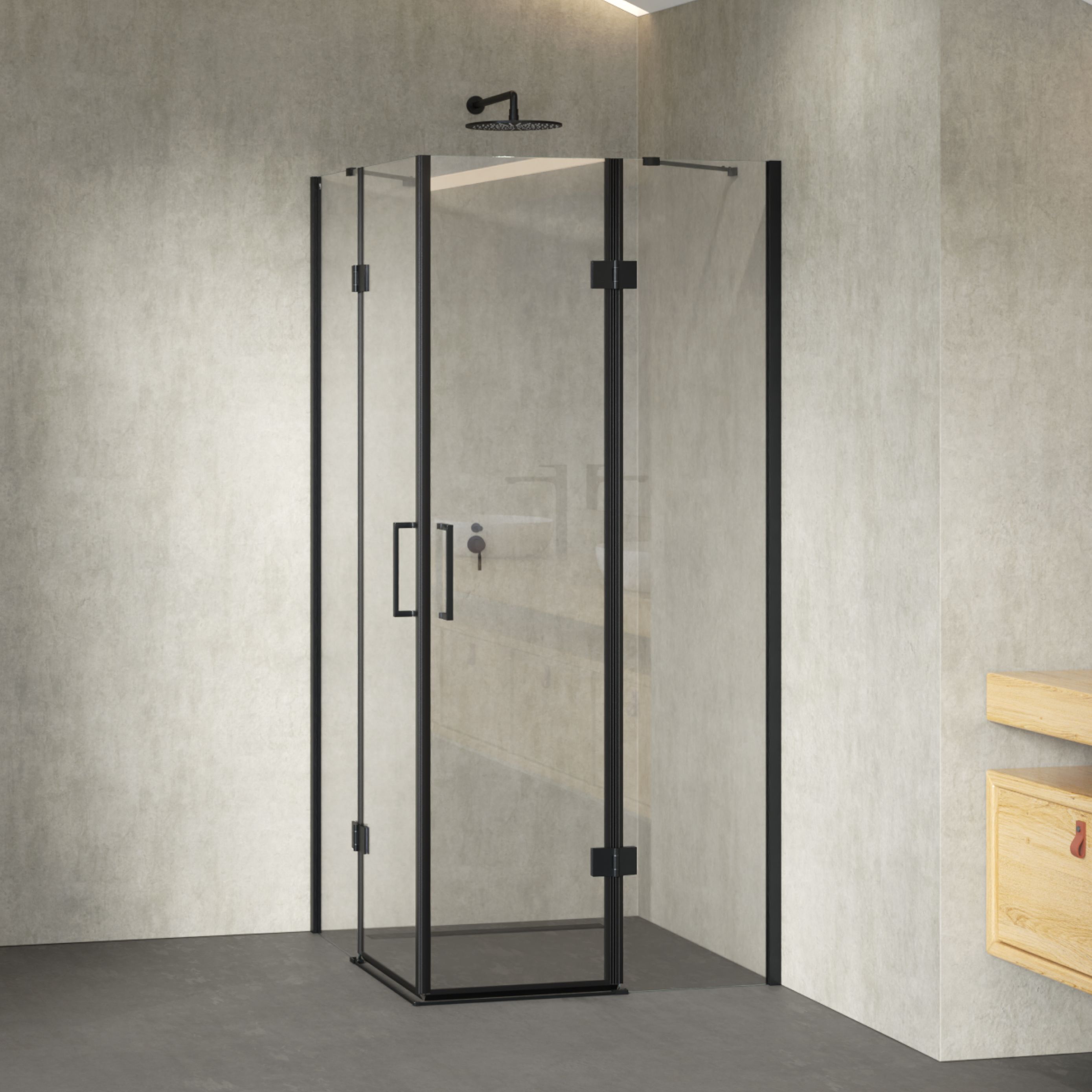 Corner entry Celine with folding doors and black profiles made of ESG safety glass. Corner entry Celine with folding doors and black profiles made of ESG safety glass.