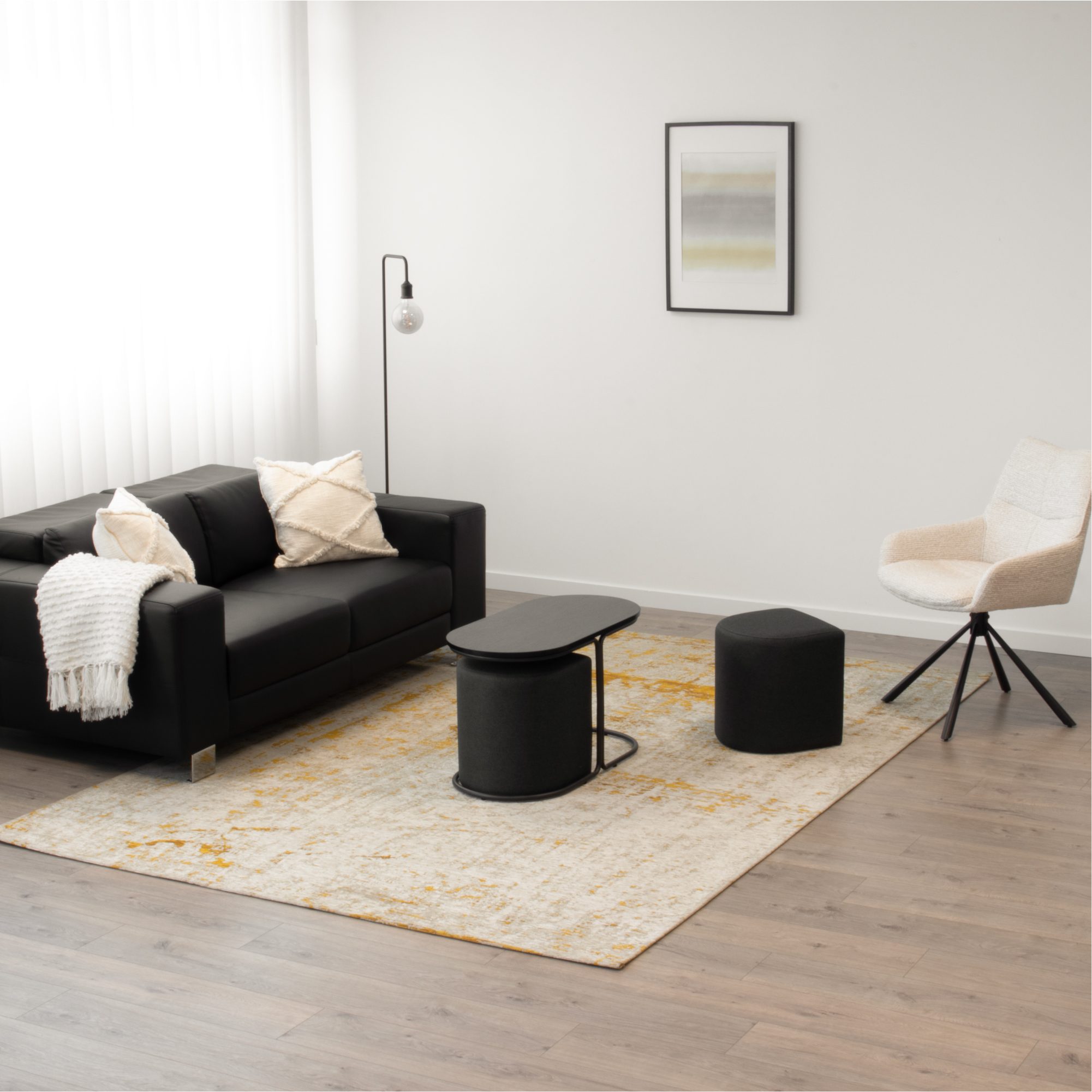 _PT01.jpg Couchtisch DUNCAN mit 2 Sitzmodulen | Tischplatte in schwarzer Holzoptik und Metallgestell