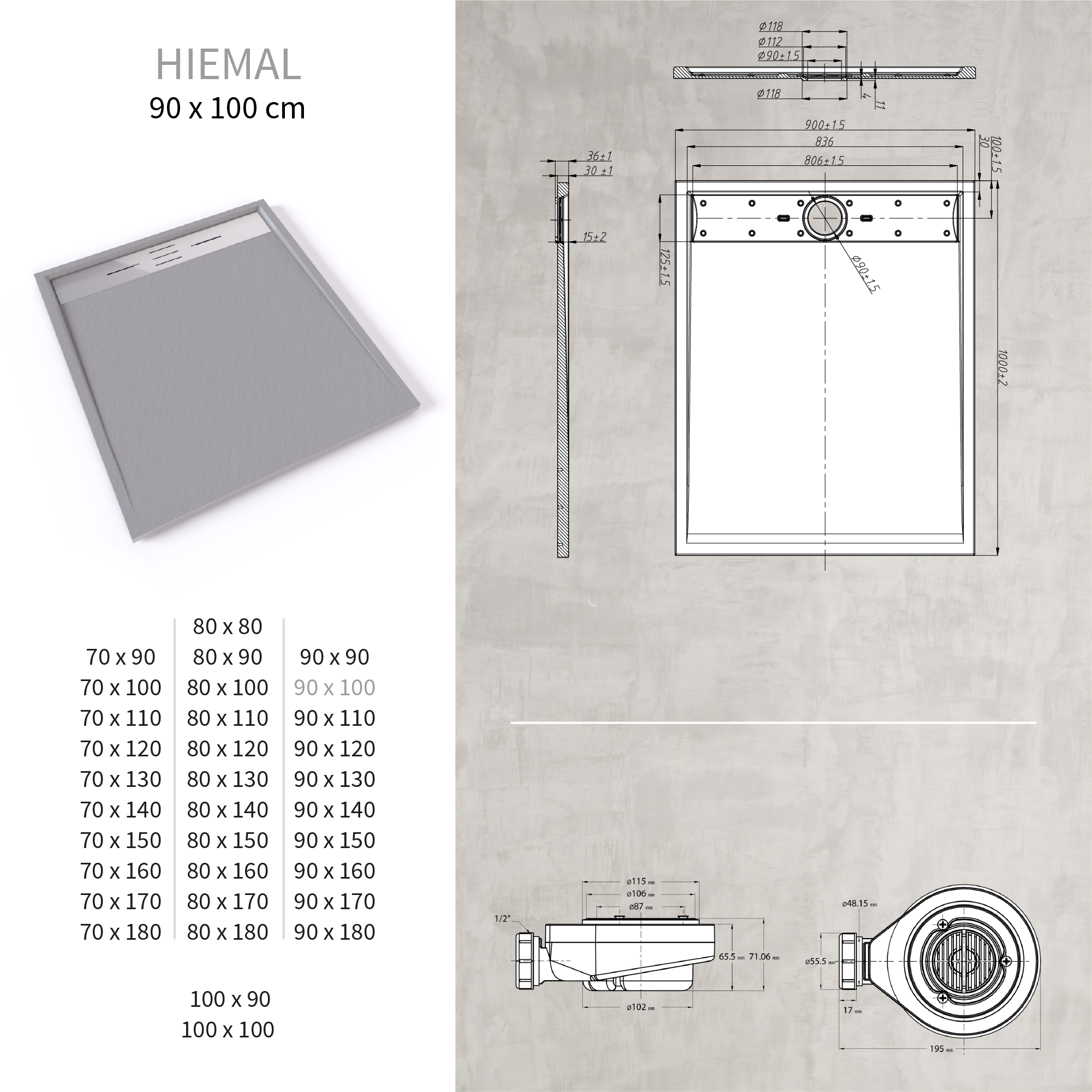 SMC Duschwanne Hiemal in Schieferoptik inkl. Ablaufgarnitur Grau mit Edelstahldeckel 90x100 cm