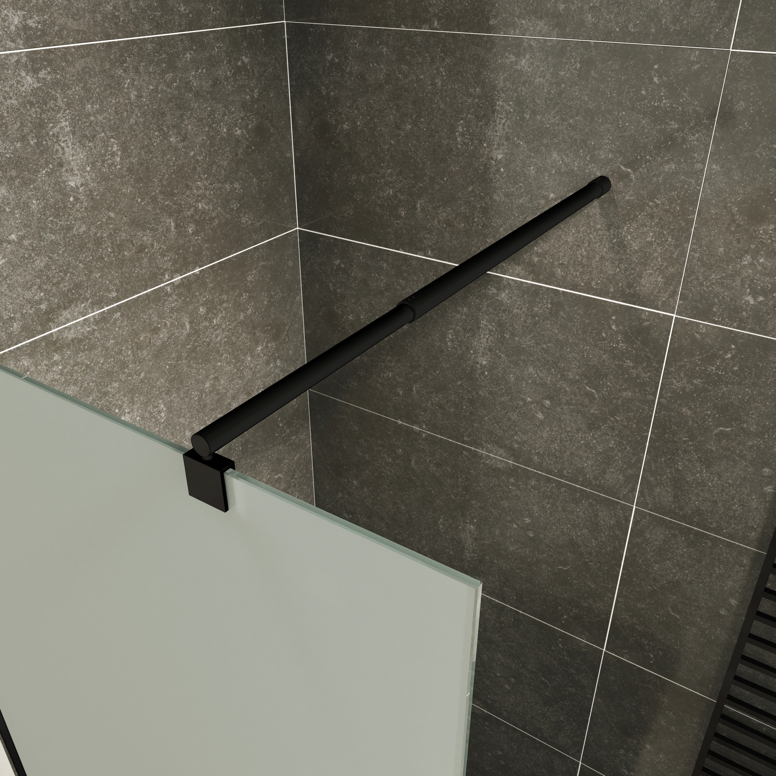 Walk In Dusche FIONA BLACK aus 10 mm starkem satiniertem ESG Sicherheitsglas Walk-In Shower Fiona made of 10 mm thick satin-finished ESG safety glass with a black aluminum profile.