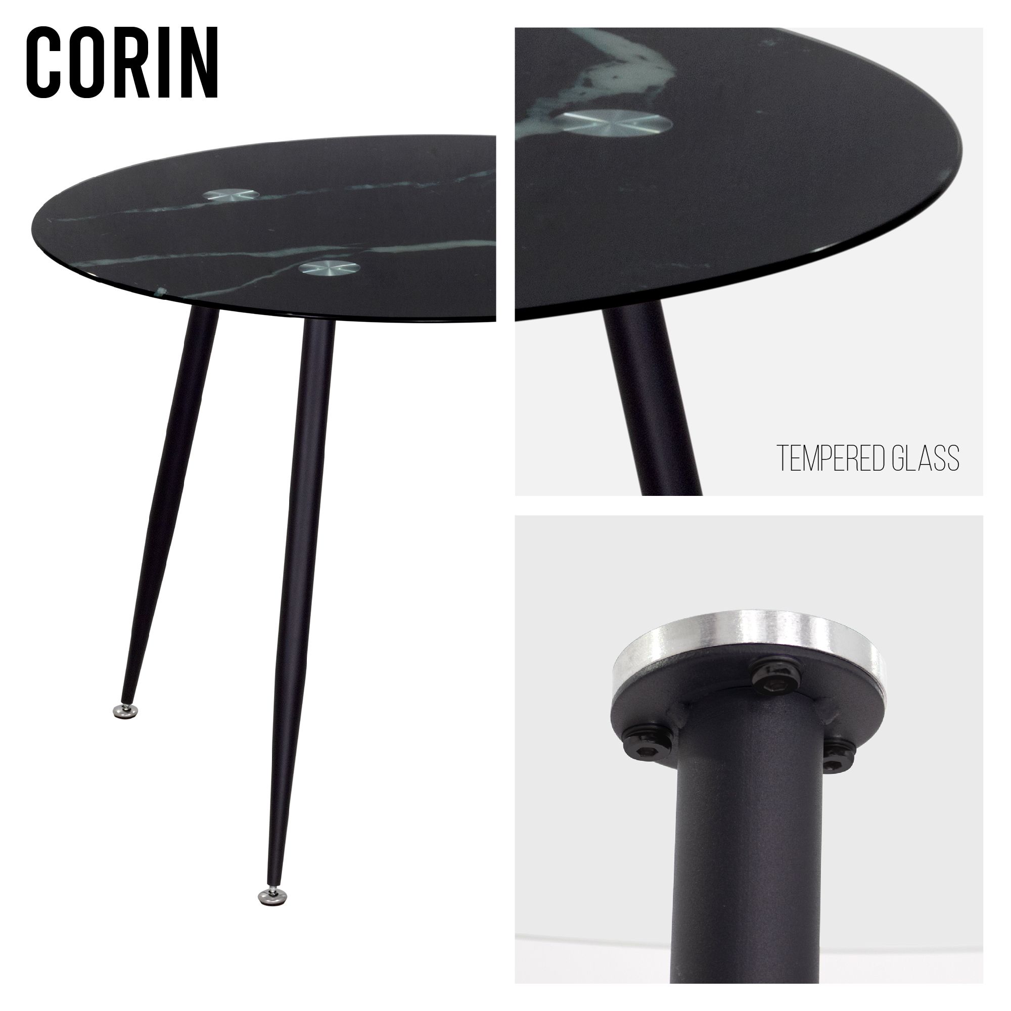 CORIN – Esszimmer-Tisch | Tischplatte: Glas in schwarzer Marmor Optik | Beine: Schwarz