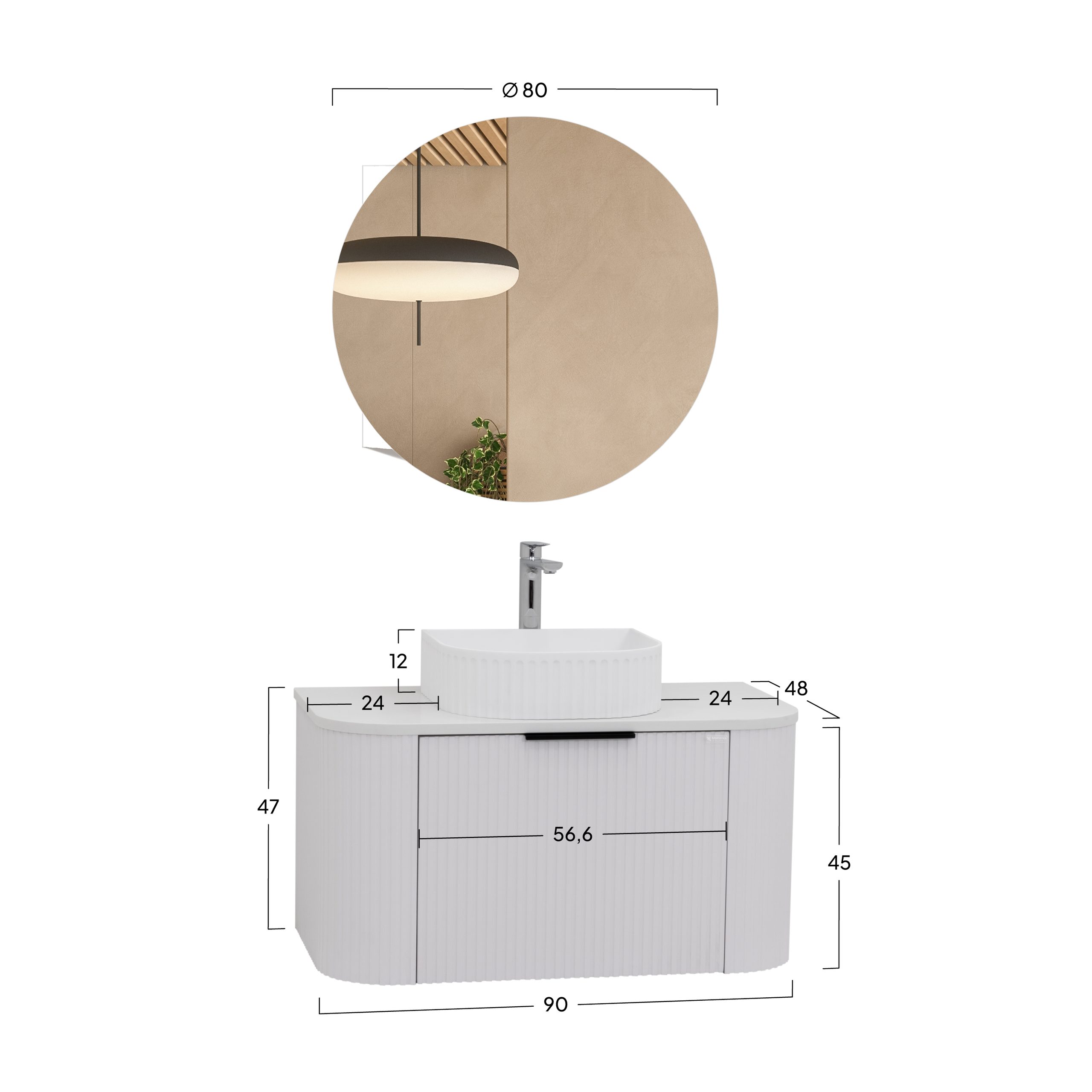 Badmöbel-Set Maia White, wandhängend, mit Steinplatte und Waschtisch aus Mineralguss sowie LED-Spiegel mit Antibeschlagfunktion, gerillte Textur Badmöbel-Set Maia White, wandhängend, mit Steinplatte und Waschtisch aus Mineralguss sowie LED-Spiegel mit Antibeschlagfunktion, gerillte Textur