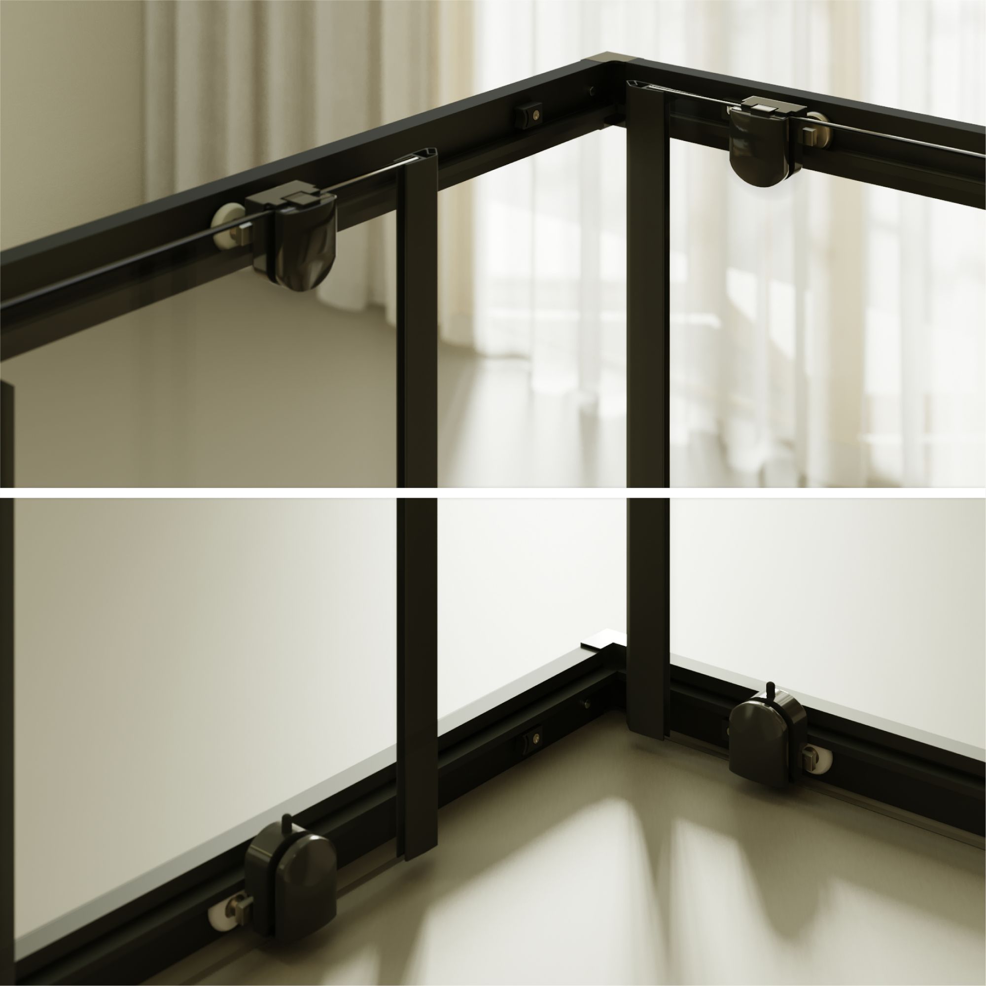 Corner entry Danielle with sliding doors and black profiles made of ESG safety glass.