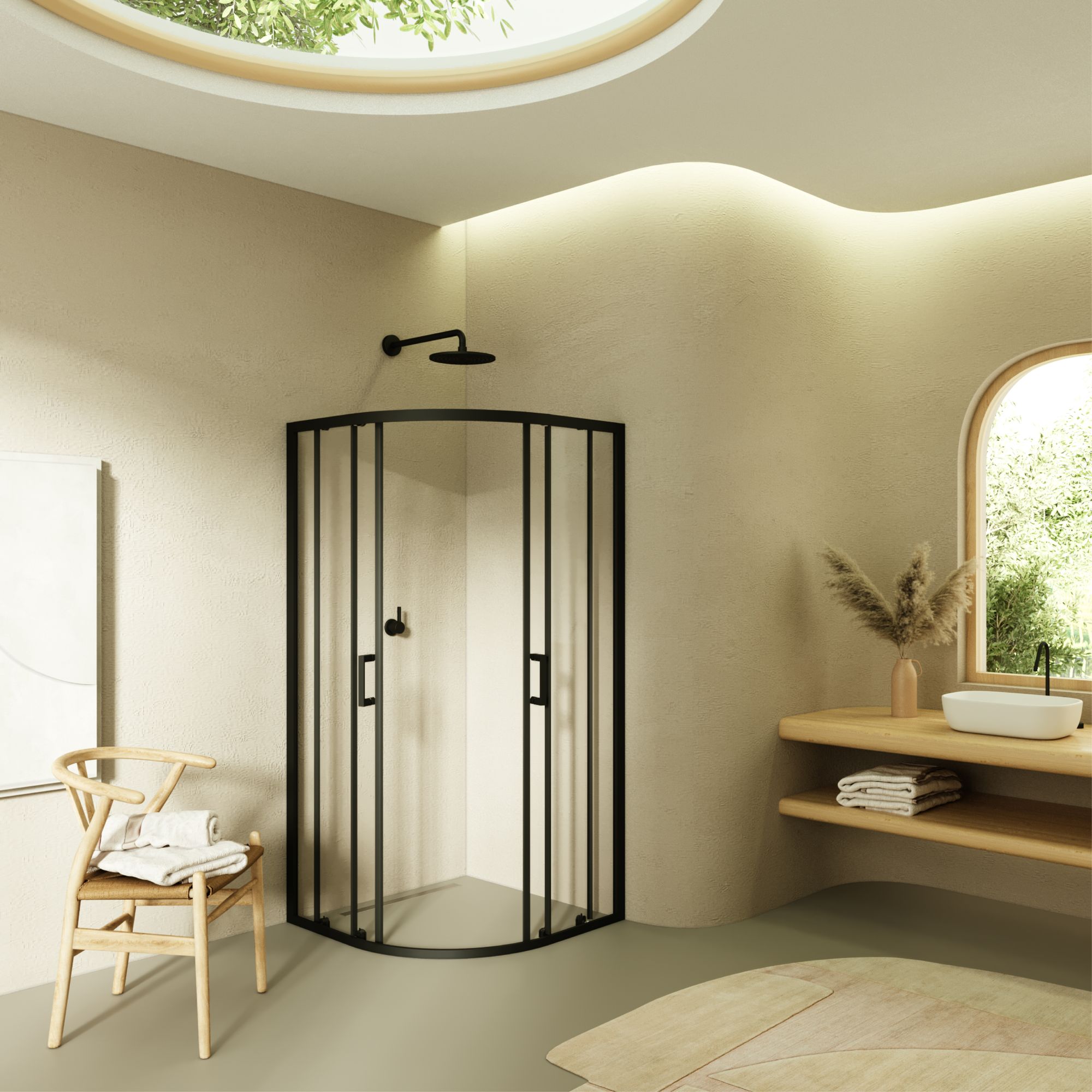Viertelkreisdusche Ella mit Schiebetüren und schwarzen Profilen aus ESG Sicherheitsglas Viertelkreisdusche Ella mit Schiebetüren und schwarzen Profilen aus ESG Sicherheitsglas