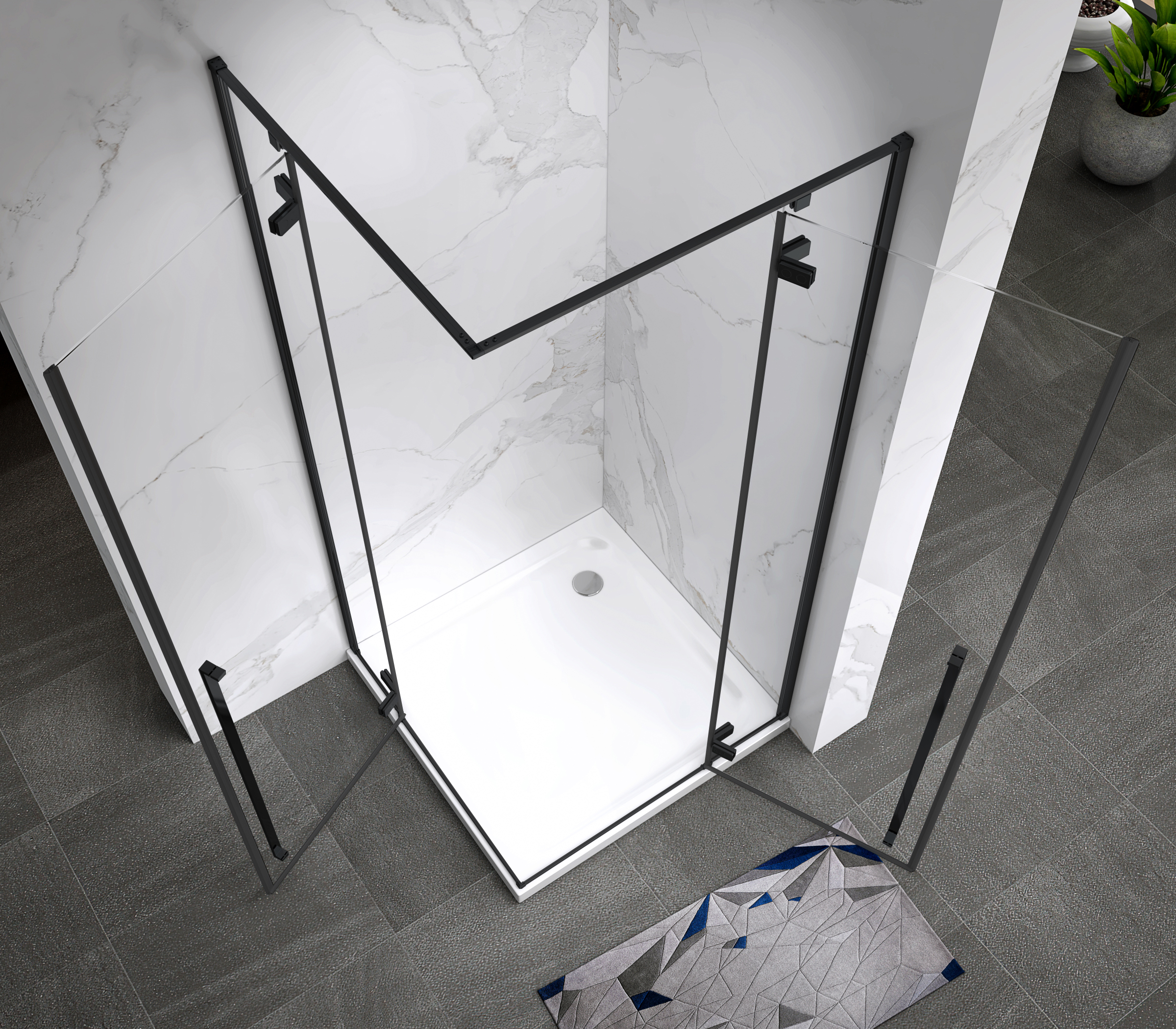 Eckeinstieg Jayla mit Drehtüren und schwarzen Profilen aus ESG Sicherheitsglas Jayla – Eckeinstieg mit Drehtüren und schwarzen Profilen aus ESG Sicherheitsglas