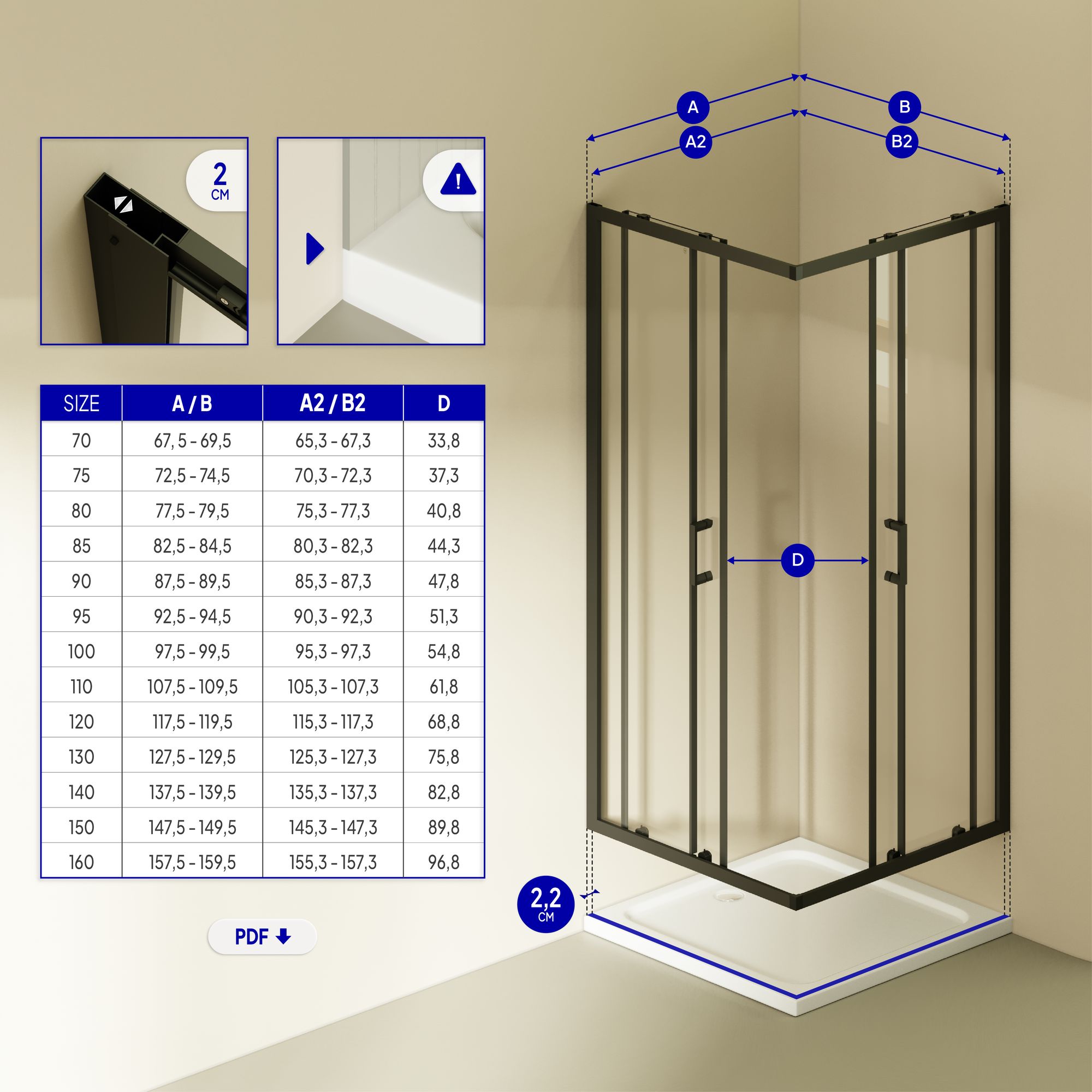Corner entry Danielle with sliding doors and black profiles made of ESG safety glass.