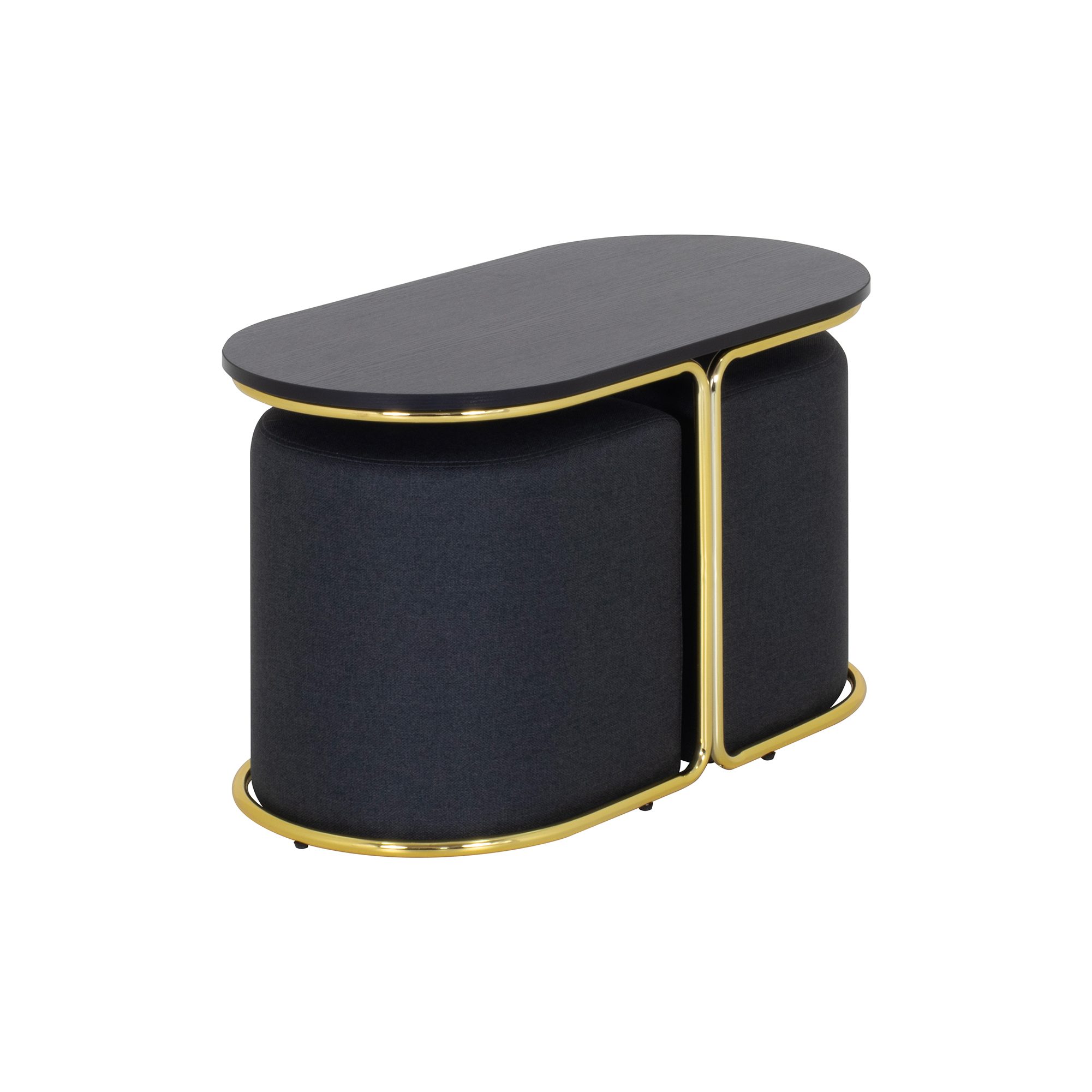 Couchtisch DUNCAN mit 2 Sitzmodulen | Tischplatte in schwarzer Holzoptik und Metallgestell DUNCAN – Couchtisch mit 2 Sitzmodulen | Tischplatte in schwarzer Holzoptik und Metallgestell
