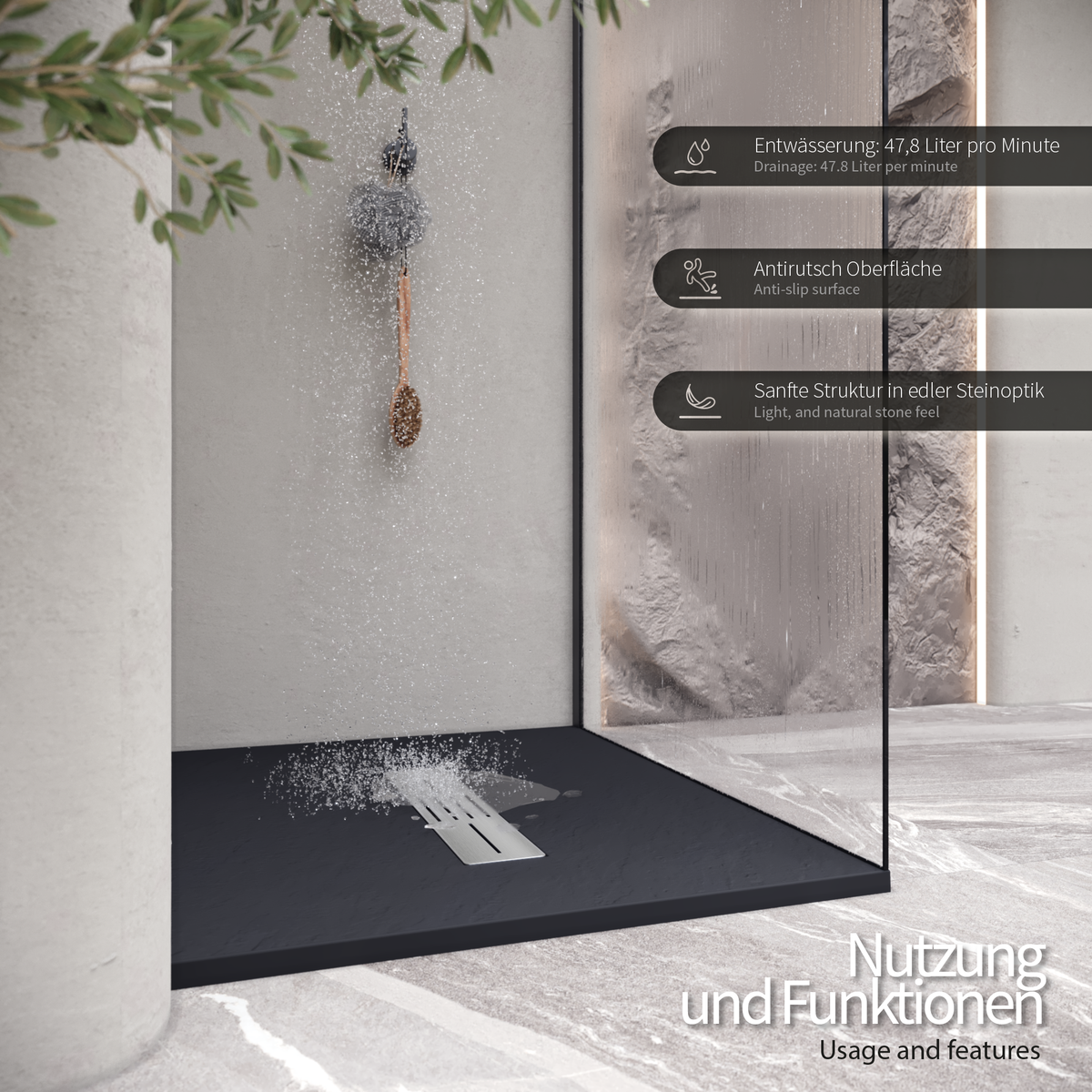 SMC Duschwanne Lumia in Schieferoptik inkl. Ablaufgarnitur Schwarz 90x180 cm