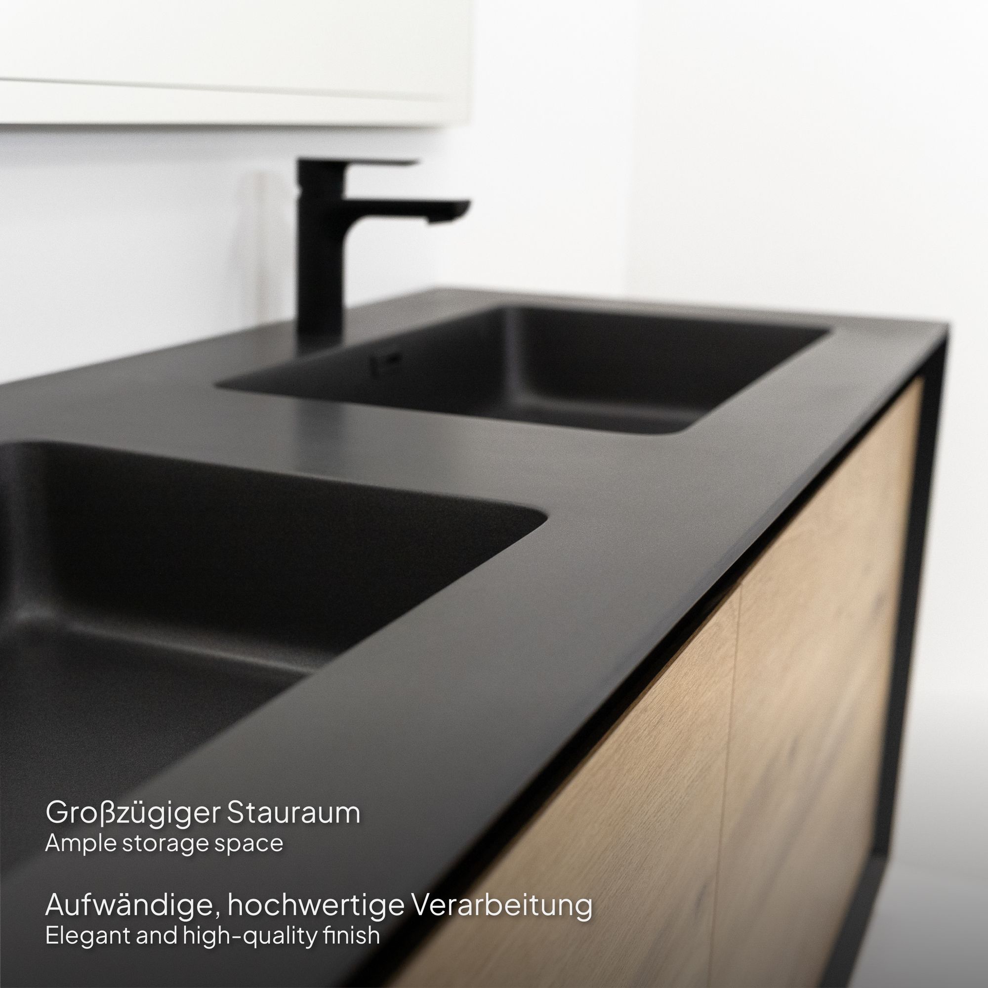 Badmöbelset Fidia mit Doppelwaschtisch – Schwarz Matt & Eiche, LED-Antibeschlagspiegel, 150/190 cm