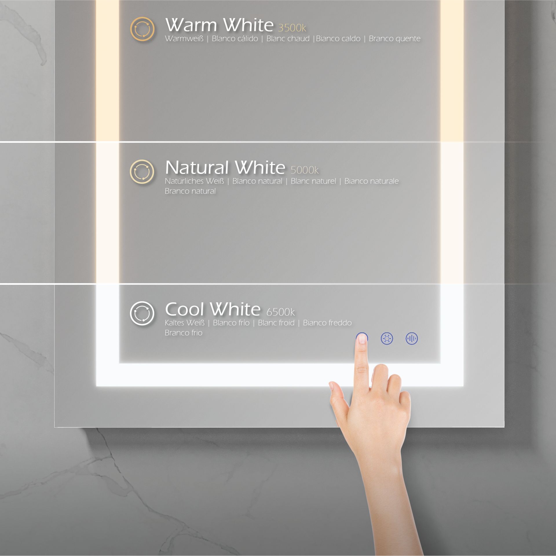 LED Badezimmer Spiegel Oblong mit dimmbarer Beleuchtung, Antibeschlag-Funktion und Farbwechsel Oblong – LED Badezimmer Spiegel mit dimmbarer Beleuchtung, Antibeschlag-Funktion und Farbwechsel