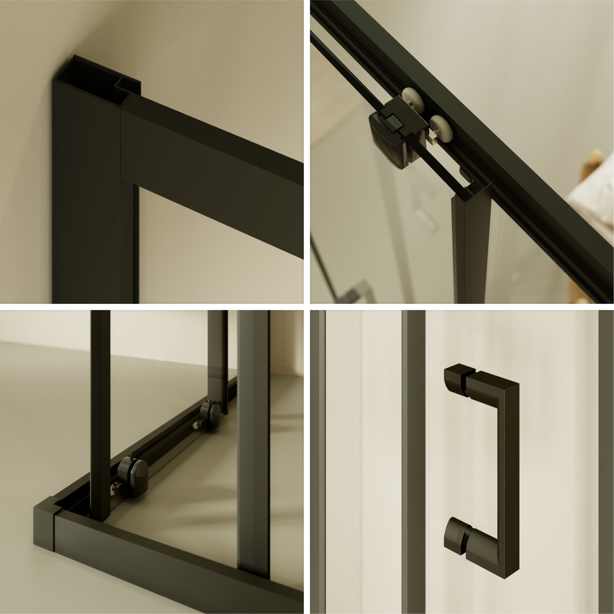 Corner entry Danielle with sliding doors and black profiles made of ESG safety glass. Danielle – Corner entry with sliding doors and black profiles made of ESG safety glass.