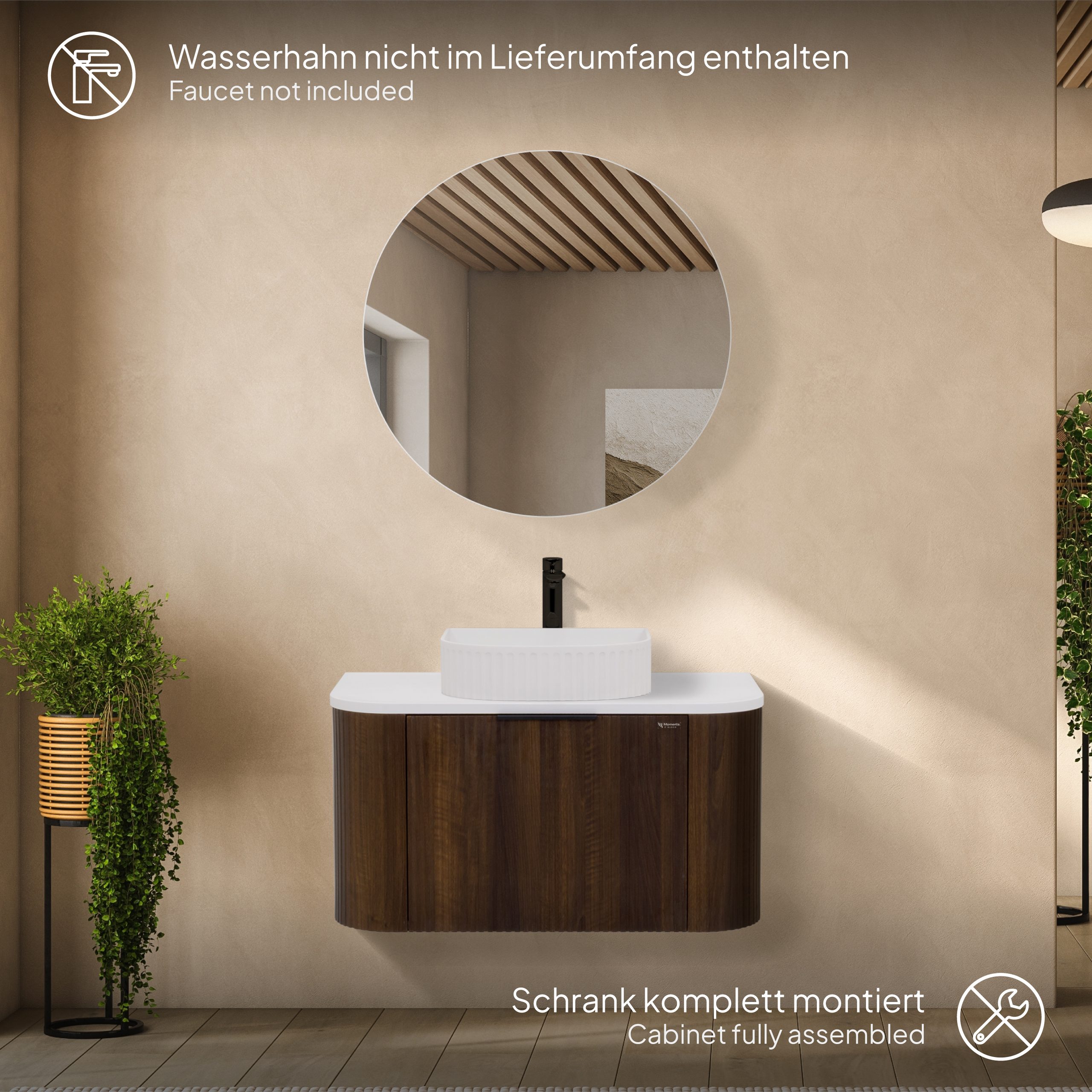 Badmöbel-Set Maia Nußbaum, wandhängend, mit Steinplatte und Waschtisch aus Mineralguss sowie LED-Spiegel mit Antibeschlagfunktion, gerillte Textur