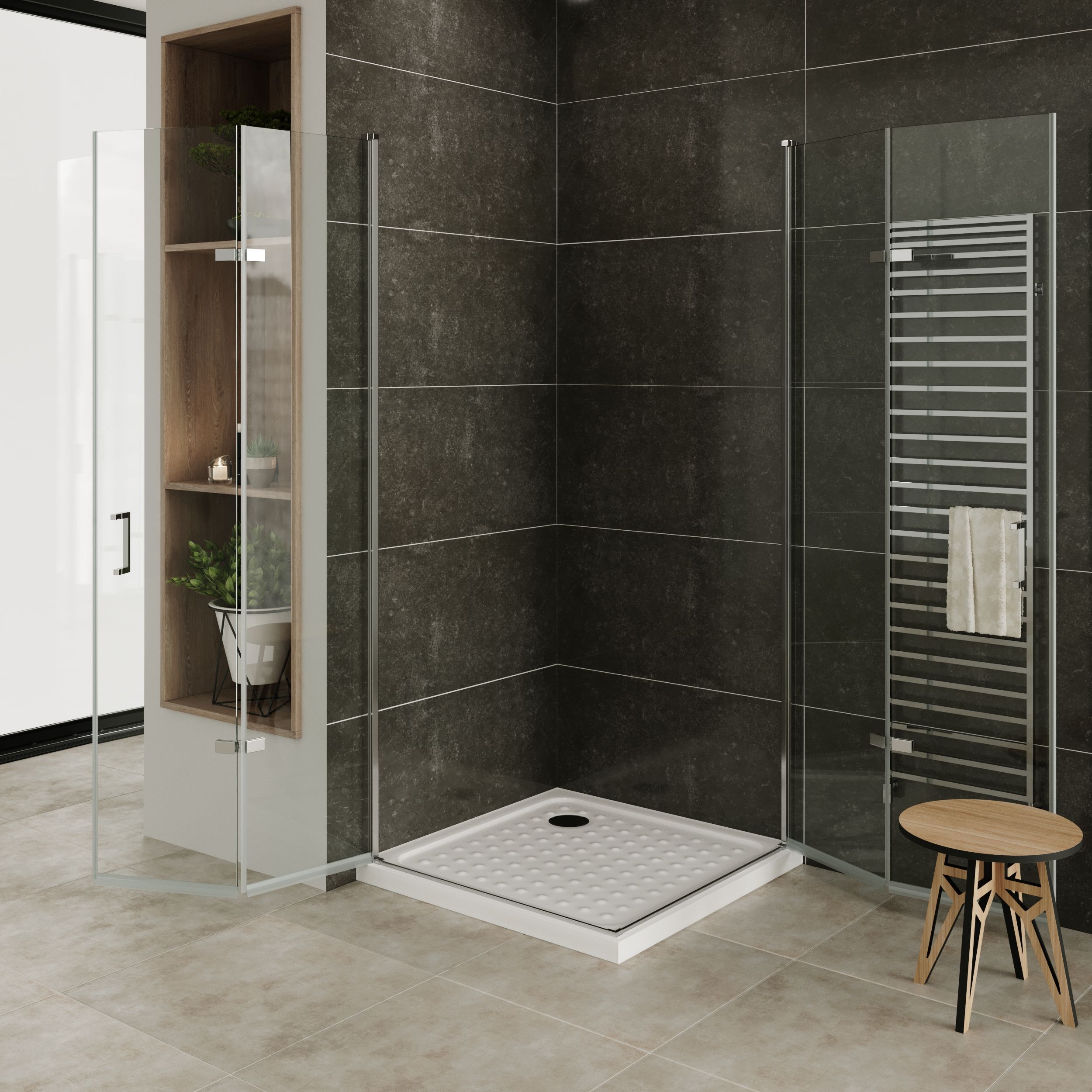 Corner Entry Matilde with Folding Doors made of ESG Safety Glass Matilde – Eckeinstieg mit Falttüren aus ESG Sicherheitsglas