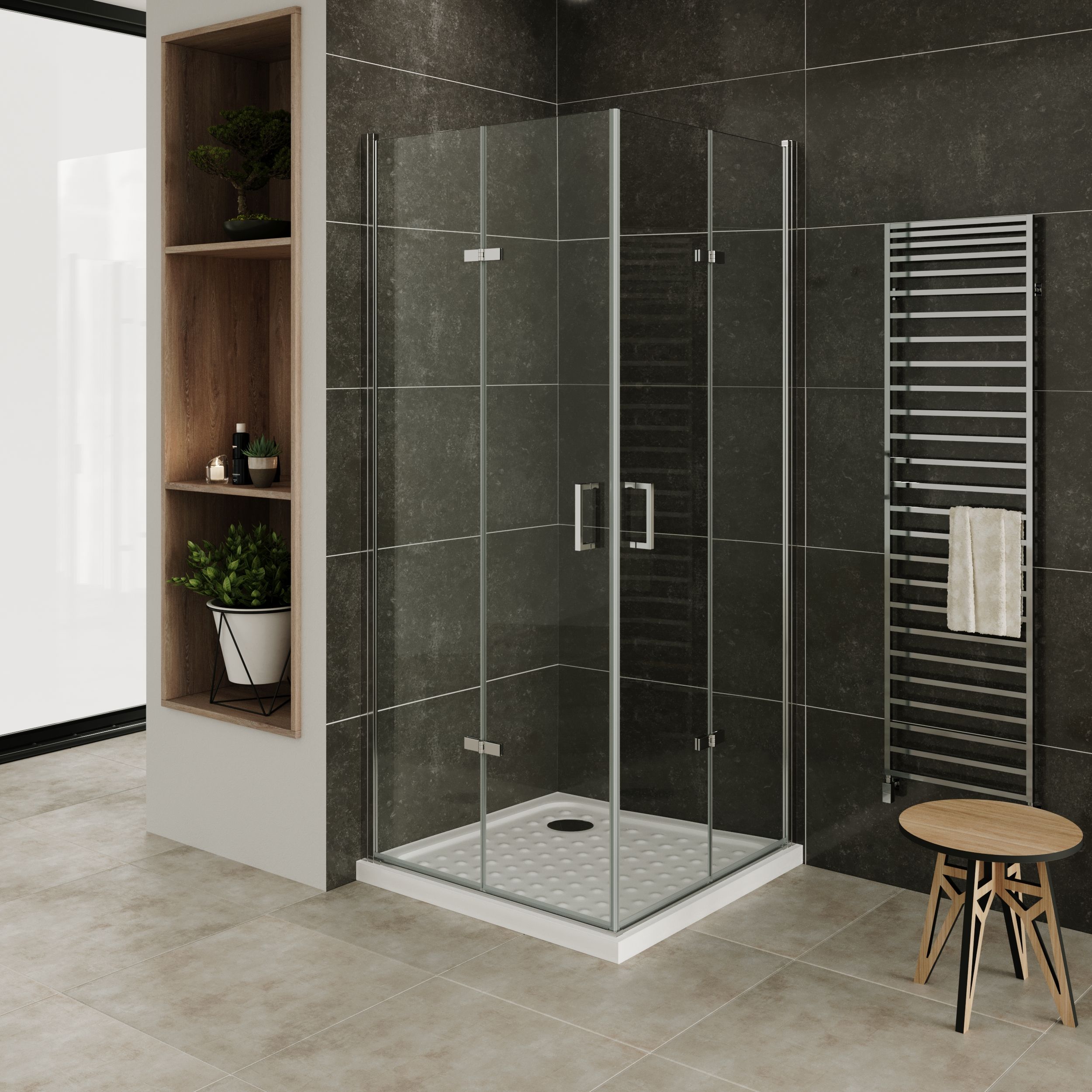 Corner Entry Matilde with Folding Doors made of ESG Safety Glass Matilde – Eckeinstieg mit Falttüren aus ESG Sicherheitsglas