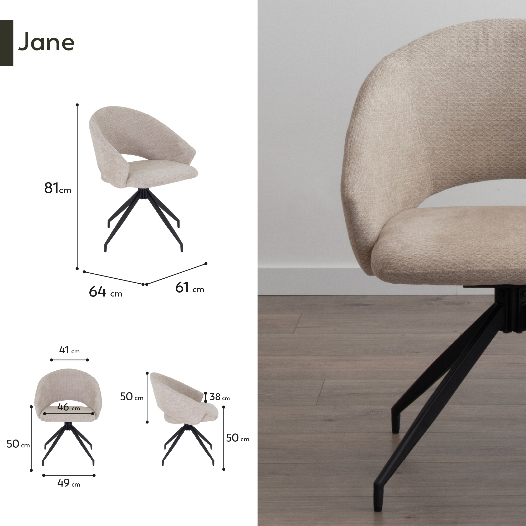 Esszimmer-Set JANE + TAYLOR | Ausziehbarer Tisch in schwarzer Marmoroptik mit 4 oder 6 drehbaren Polsterstühlen in Beige