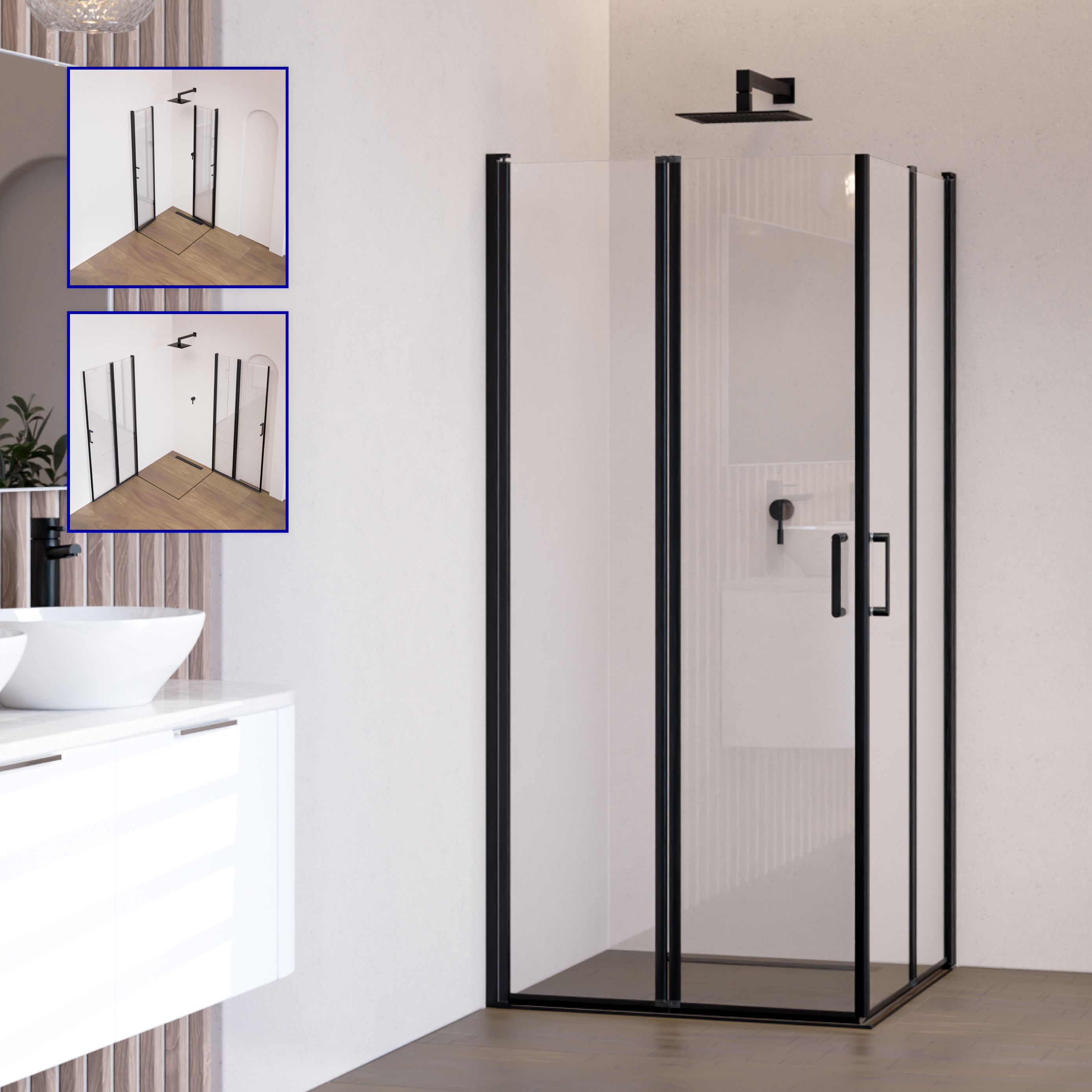 Corner entry Alina with folding doors and black profiles made of ESG safety glass. Alina – Corner entry with folding doors and black profiles made of ESG safety glass.