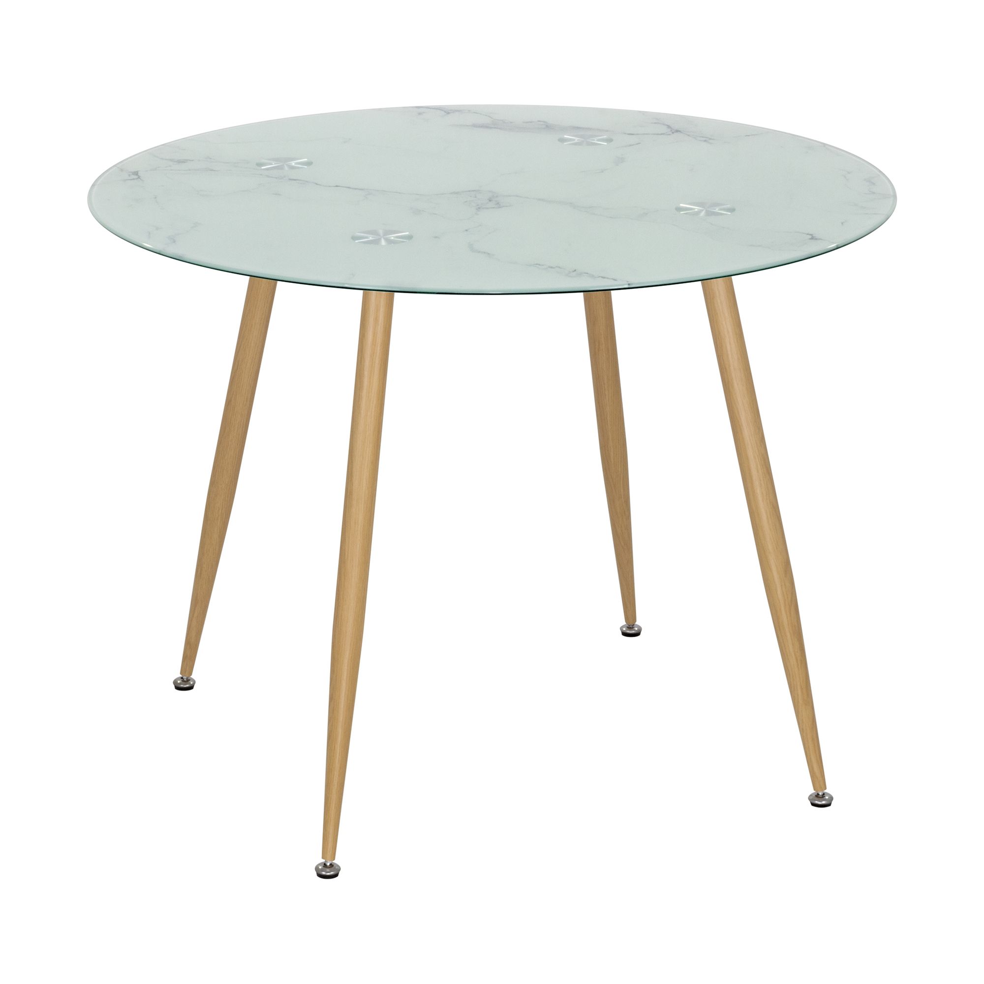 CORIN – Esszimmer-Tisch | Tischplatte: Glas in weißer Marmor Optik | Beine: Holz