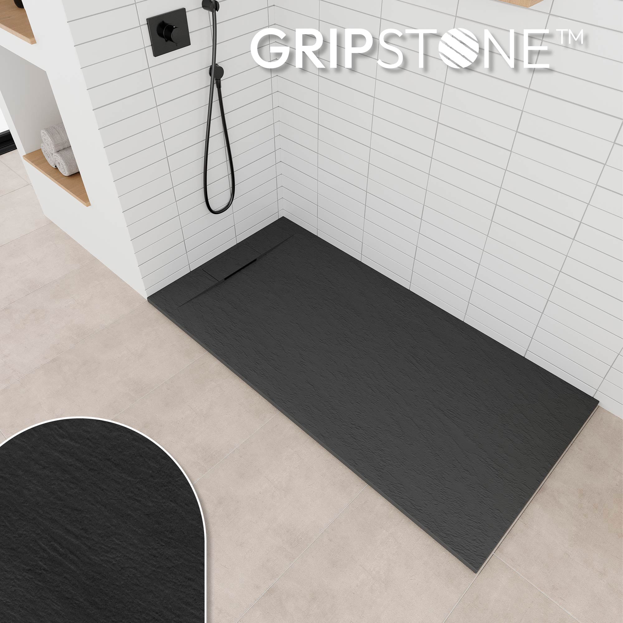 SMC Shower Tray Polar in Stone Look with Drain Assembly - Black