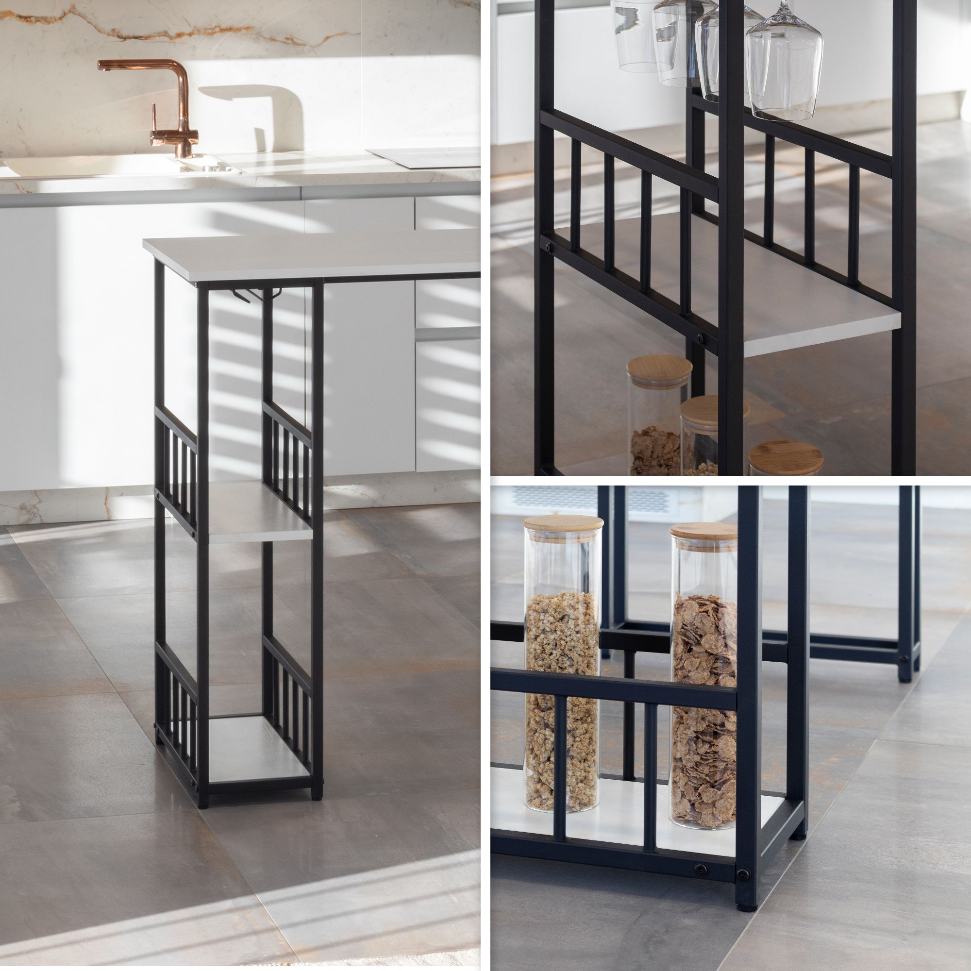 i-flair Standing Table Bar Table Gavin – Standing Table with Steel Frame and 2 Shelves & Glass Holder in White