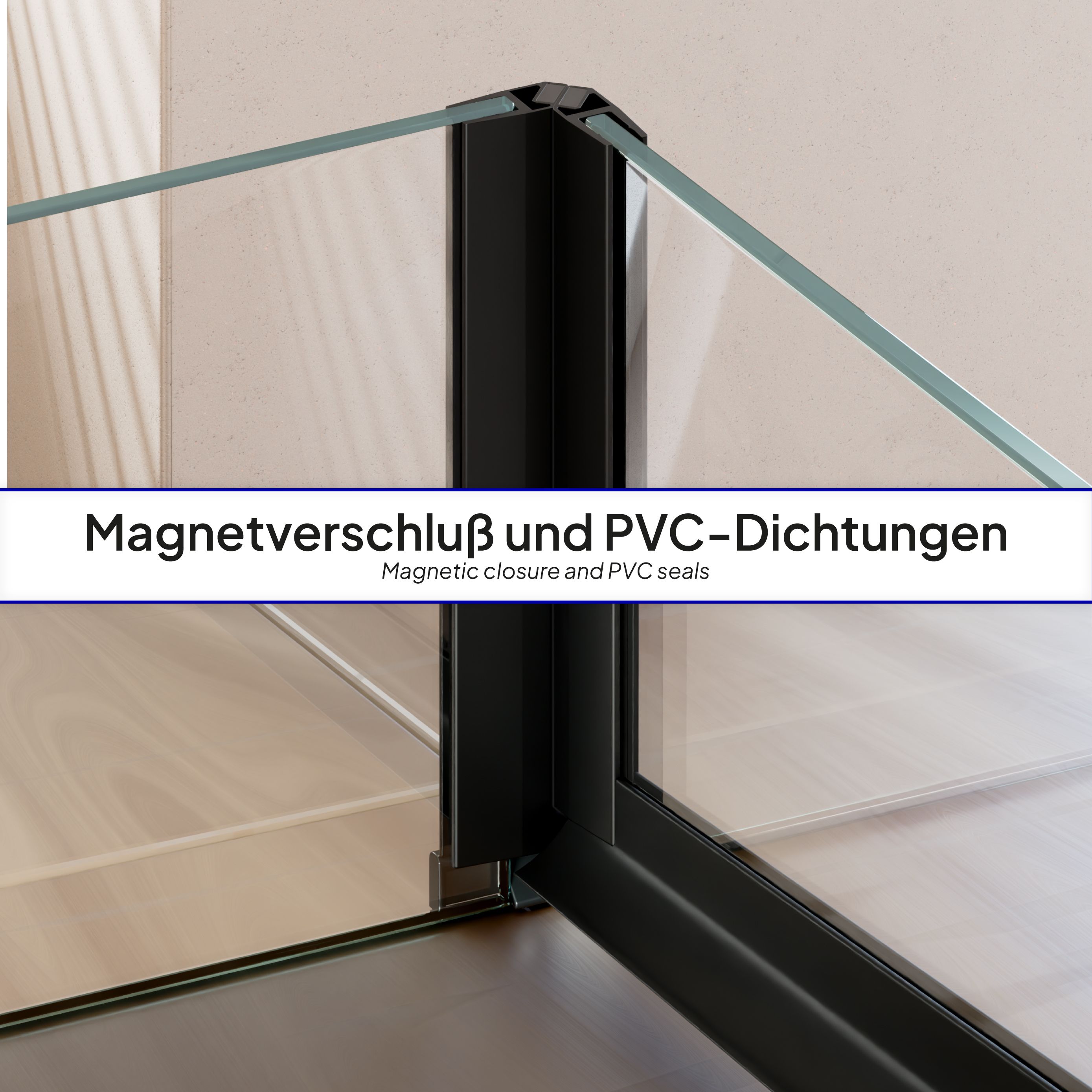 Front-entry Hellen with folding door and black profiles made of ESG safety glass. Hellen – Fronteinstieg mit Klapptür und schwarzen Profilen aus ESG Sicherheitsglas - Höhe: 190 cm