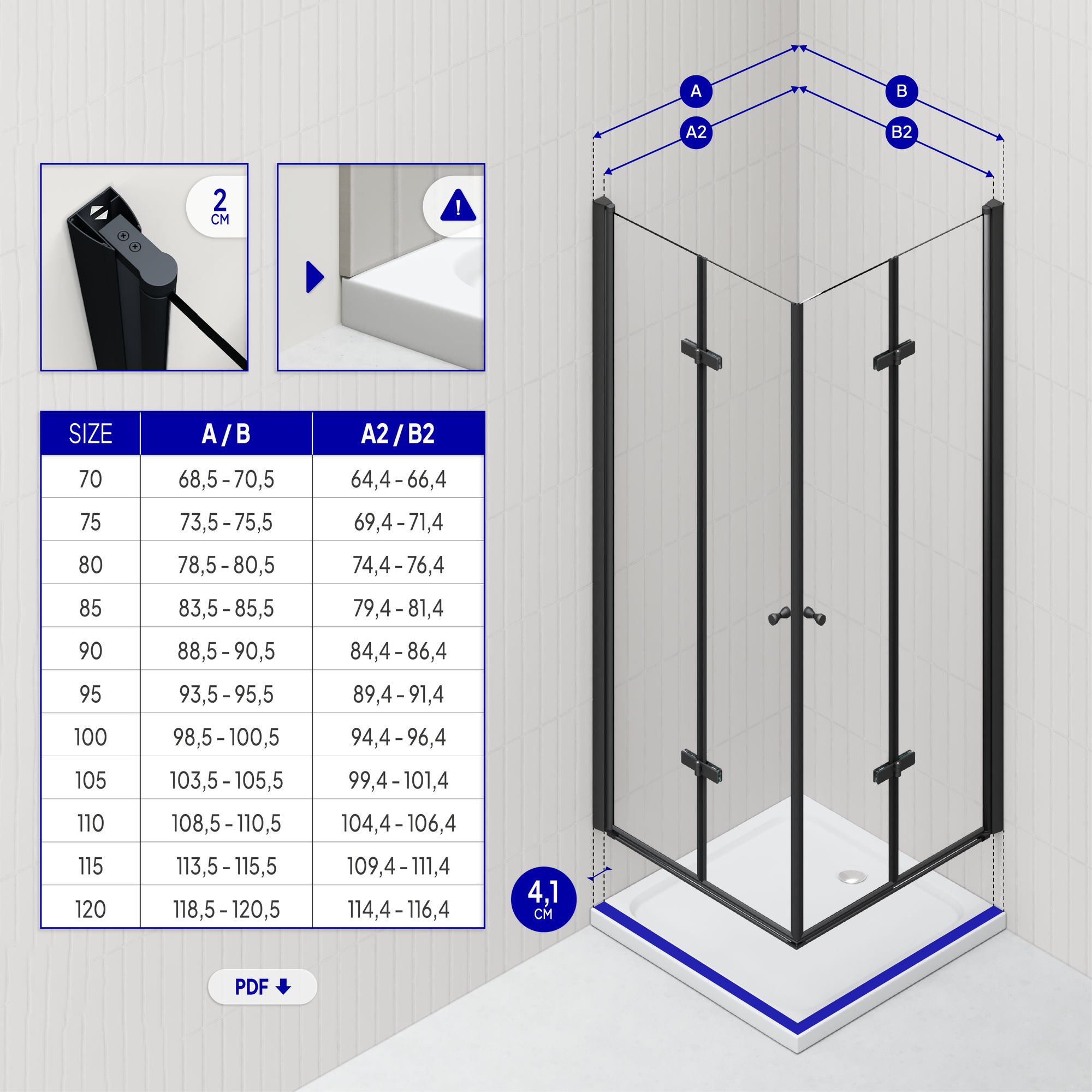 Eckeinstieg Emma BLACK mit Falttüren aus ESG Sicherheitsglas Emma – Corner Entry BLACK with Folding Doors made of ESG Safety Glass