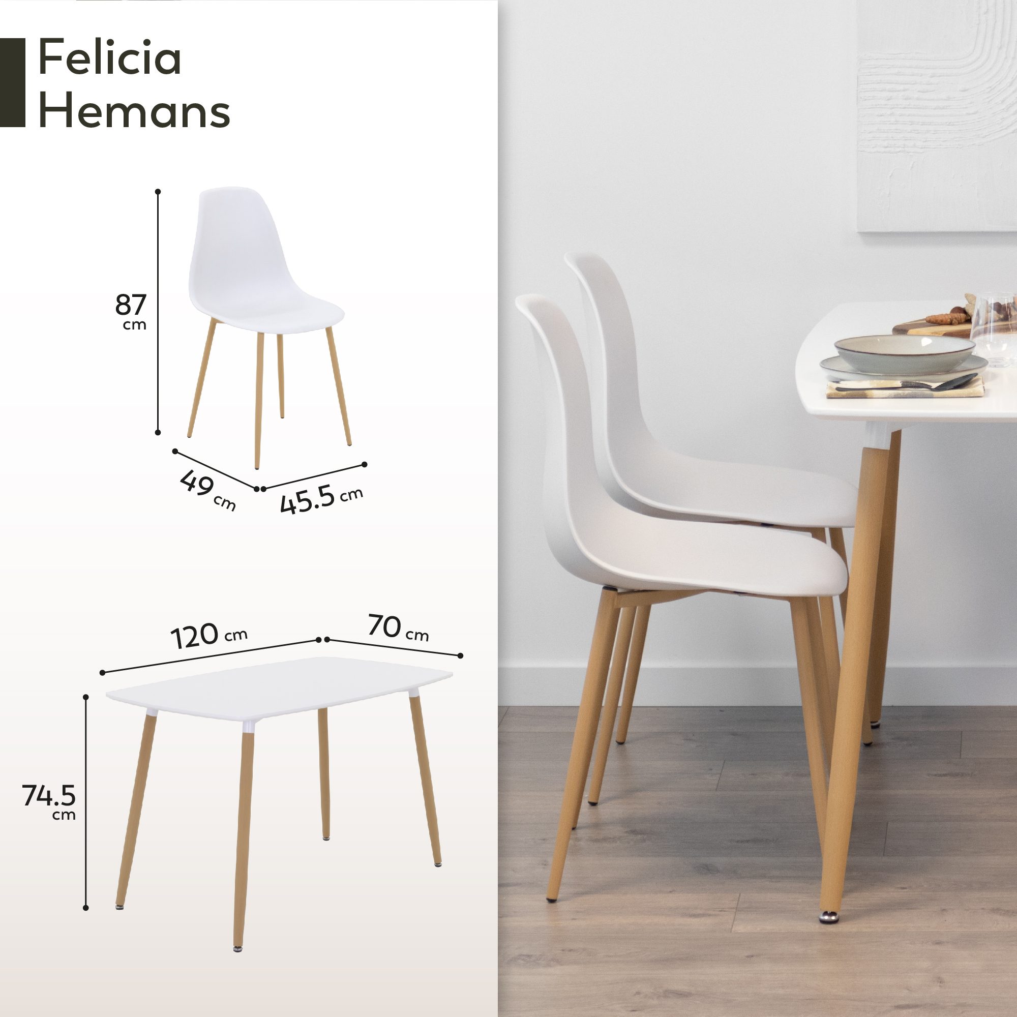 Set Tisch Felicia + 4 Stühle Hemans Weiß