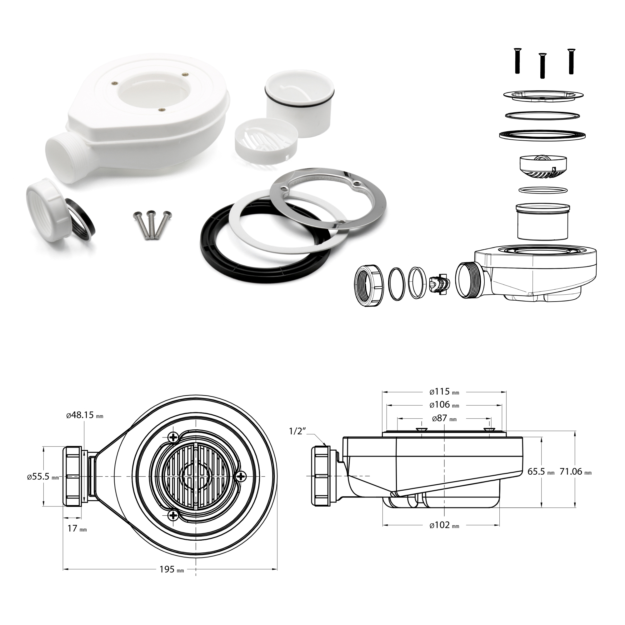 SMC Shower Tray Boreal in Stone Look with Drain Assembly - Grey
